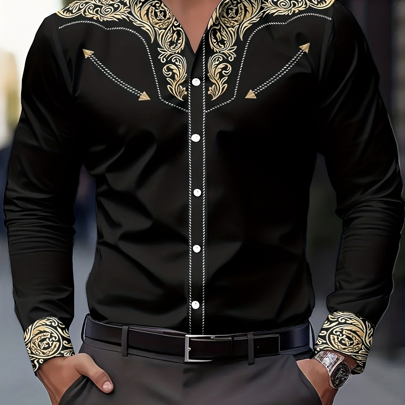 TEMU Men's Western Casual Long Sleeve Shirt, Fashion Ethnic Cowboy , Non-embroidered, 100%, Machine Washable, Suitable For Daily Wear Or Gift For ,