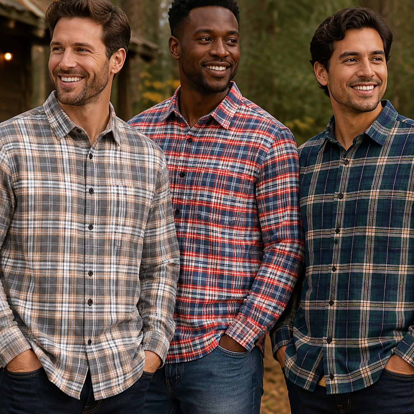 Image of 3pcs Mens Brushed Long Sleeve Shirts, 100% Cotton Button Up Shirt Bundle, Wrinkle Resistant , Chest Pocket, Holiday Party Wear