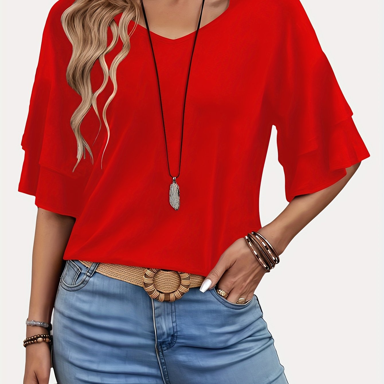 E-shop Einfarbiges Elegantes Damenmode T-Shirt mit Doppellagigen Schlagärmeln V-Ausschnitt, Mitteldehnbarer Stoff, Geeignet für Frühling, Sommer,