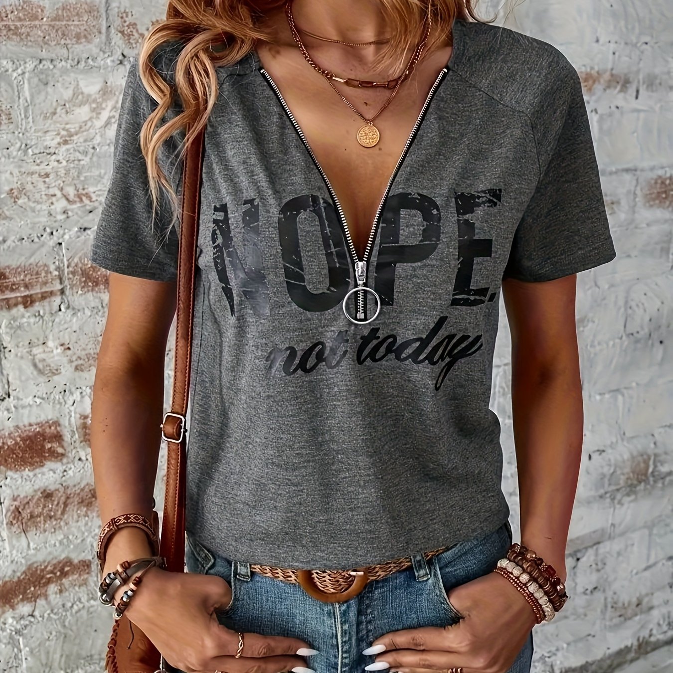 TEMU Elegant V-neck T-shirt With Zip Detail - Soft Polyester Blend, Machine Washable, Letter For Women