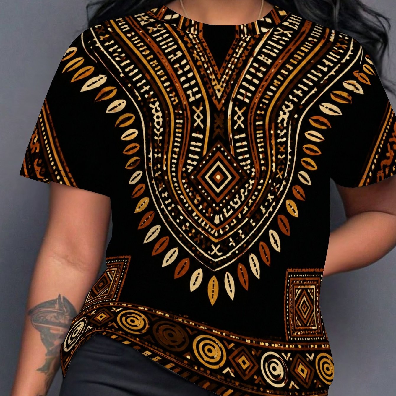 TEMU Teediy Women's T-shirt - African Ethnic Print Short Sleeve Round Neck Top With Geometric Patterns, Machine Washable Casual Summer Beachwear