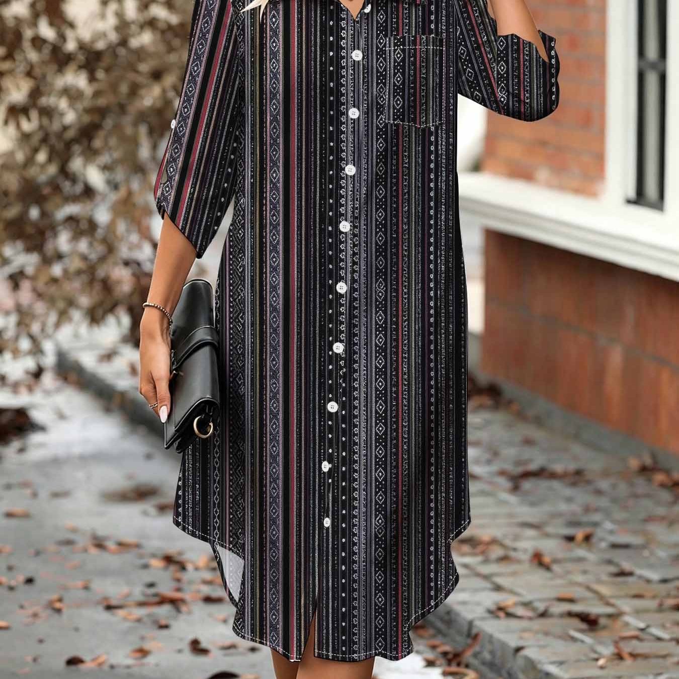 Image of Plus Size Women's Ethnic Vertical Striped Print Shirt Dress, Button- Collar, Aline Mid-length With 3/4 Sleeves, Collar And , Bohemian Vintage Style Shirt Dress With Chest Pocket