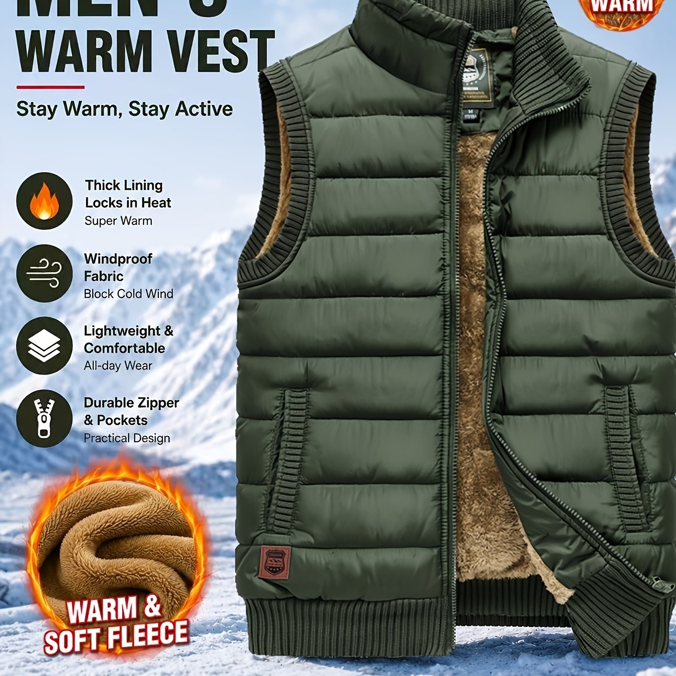 TEMU Men's Warm Vest Jacket, Soft And Comfortable, New Autumn/winter -lined And Thickened Style, Outer Wear For Winter, Keeps Core Body Warm