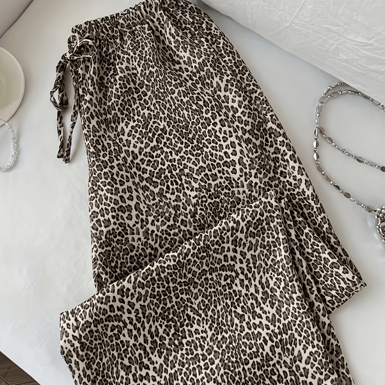 TEMU Retro-Mode-Hose mit Leopardenmuster weitem Bein, elastischer Bund, geeignet für Urlaub, Shopping, Dates, Partys, alltägliche Freizeitkleidung,