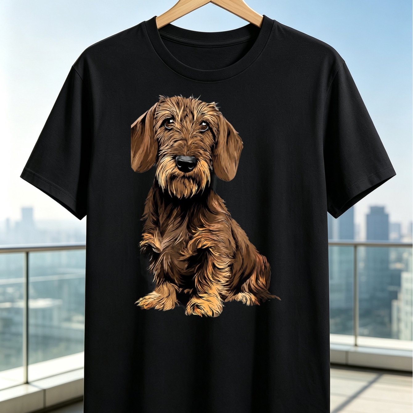 Image of Brown Wirehaired Dachshund Portrait T-shirt With Detailed Seated Dog Illustration Long Ears And Textured Fur Artwork Unisex T-shirt