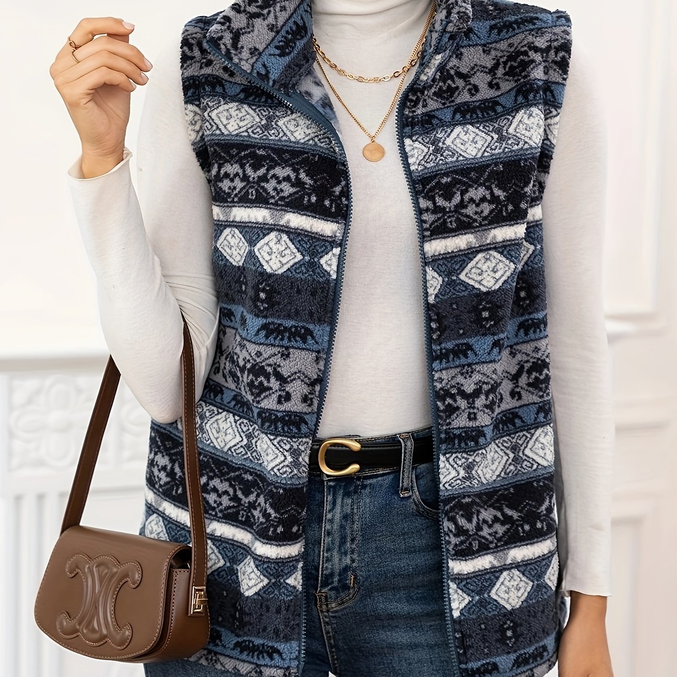 E-shop Wendbare Plüsch- Cardigan Weste für Frauen, Polyester, Geometrisches Muster, Reißverschluss, Maschinenwaschbar