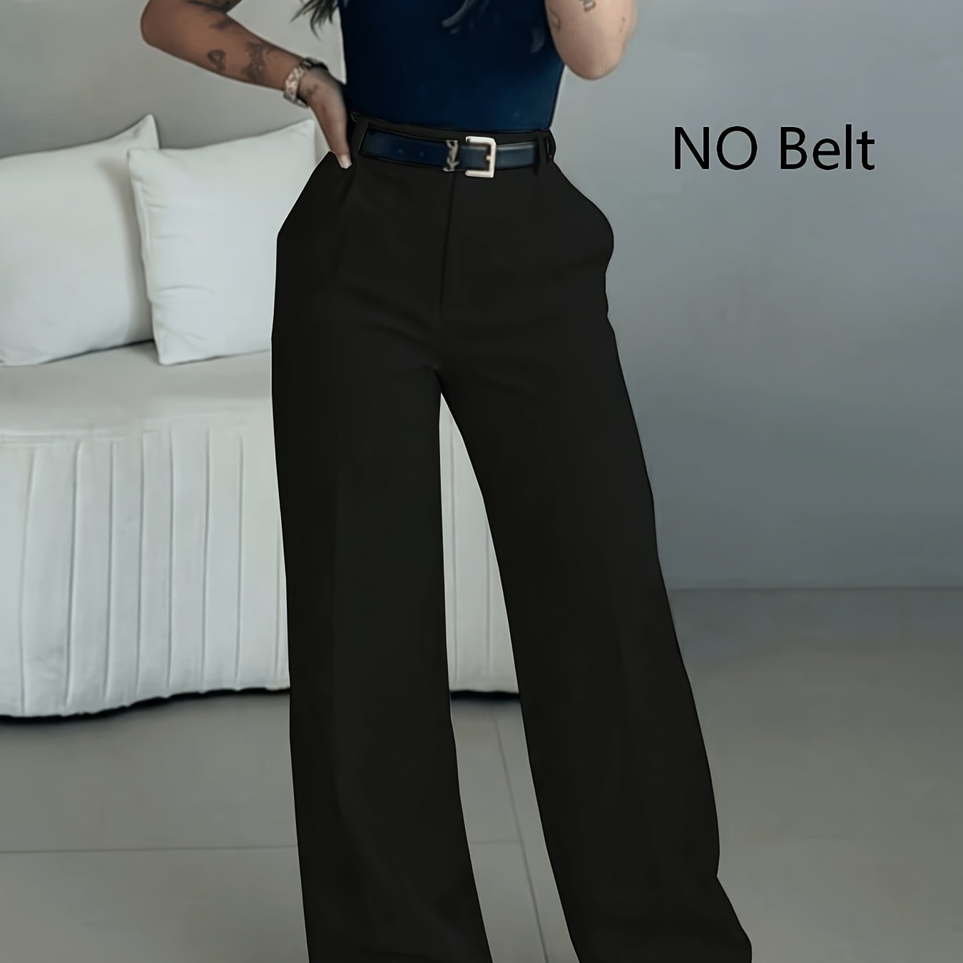 TEMU ZD260325090 Pantalones negros de cintura y pierna ancha entallados, pantalones de pierna , cinturón no incluido