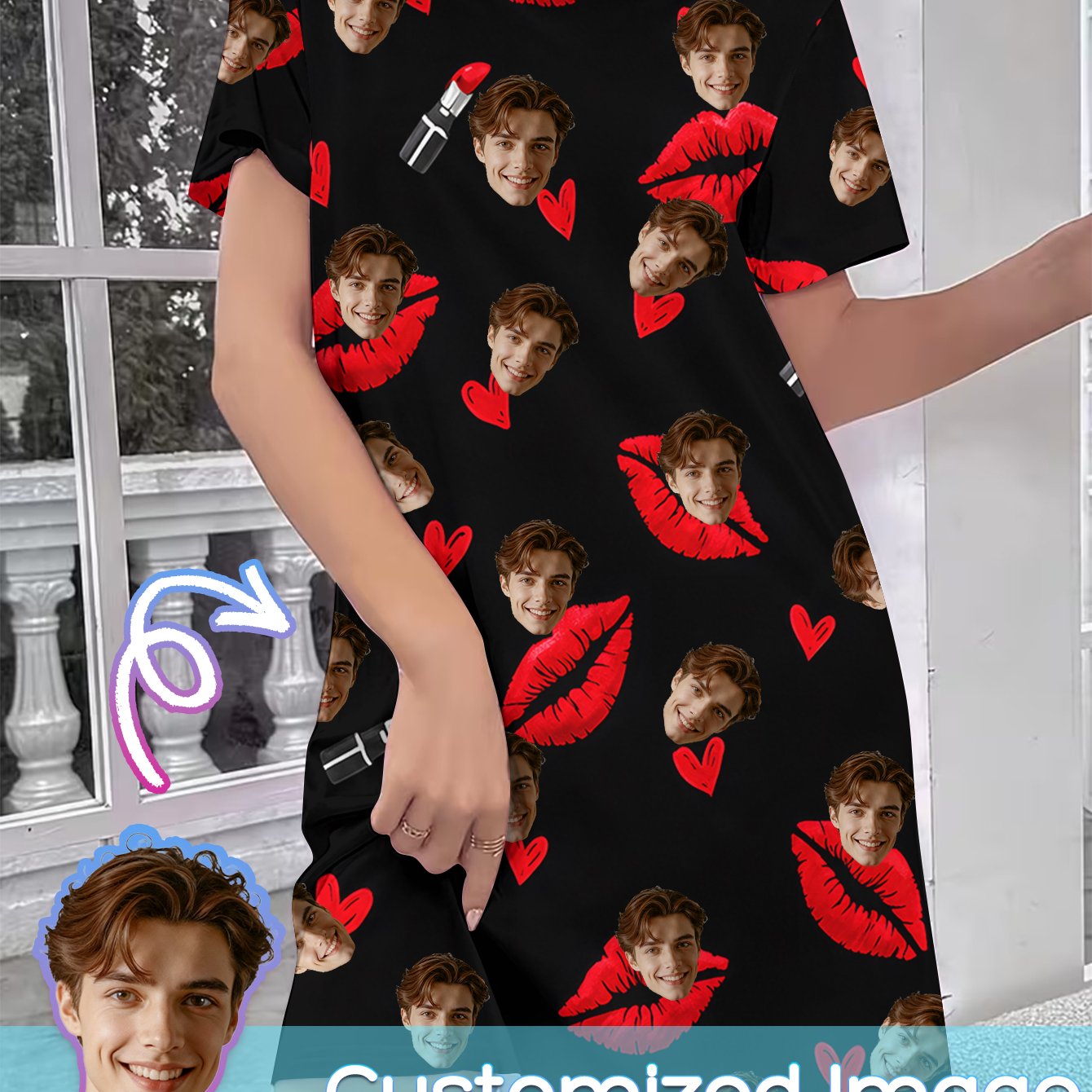 TEMU Custom Face Nightgown With Red Lips And , Featuring Diy Full-body Print And Red Lipstick Patterns On A Black Background, Perfect For A Sweet And