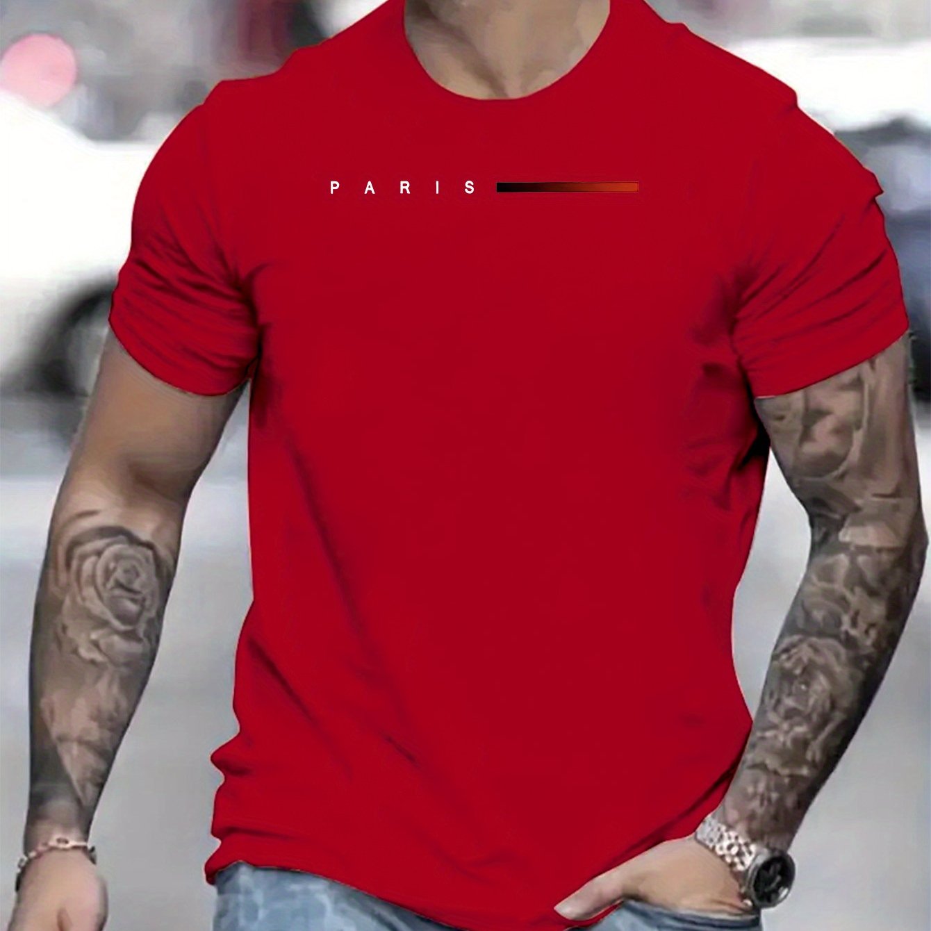 TEMU Men's Casual Letter Print T-shirt - Stretchy Polyester Blend, Crew Neck, Short Sleeve, Summer Fashion Tee