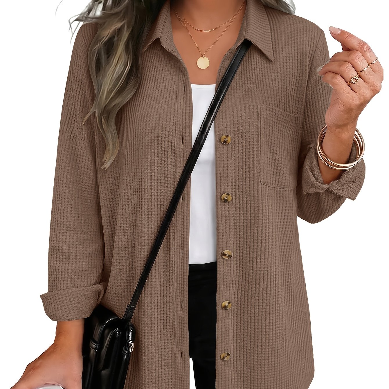 TEMU Women's Loose Waffle Cardigan Top, Casual Long Sleeve Lapel Button-up Basic Shirt