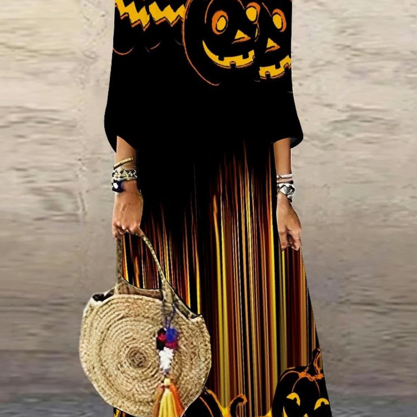 Women's Dress Halloween Costumes And Print Full Body Print Themed Parties Elegant Women's Wear Spooky Season Fashion V-neck Medium Sleeve Maxi Dress