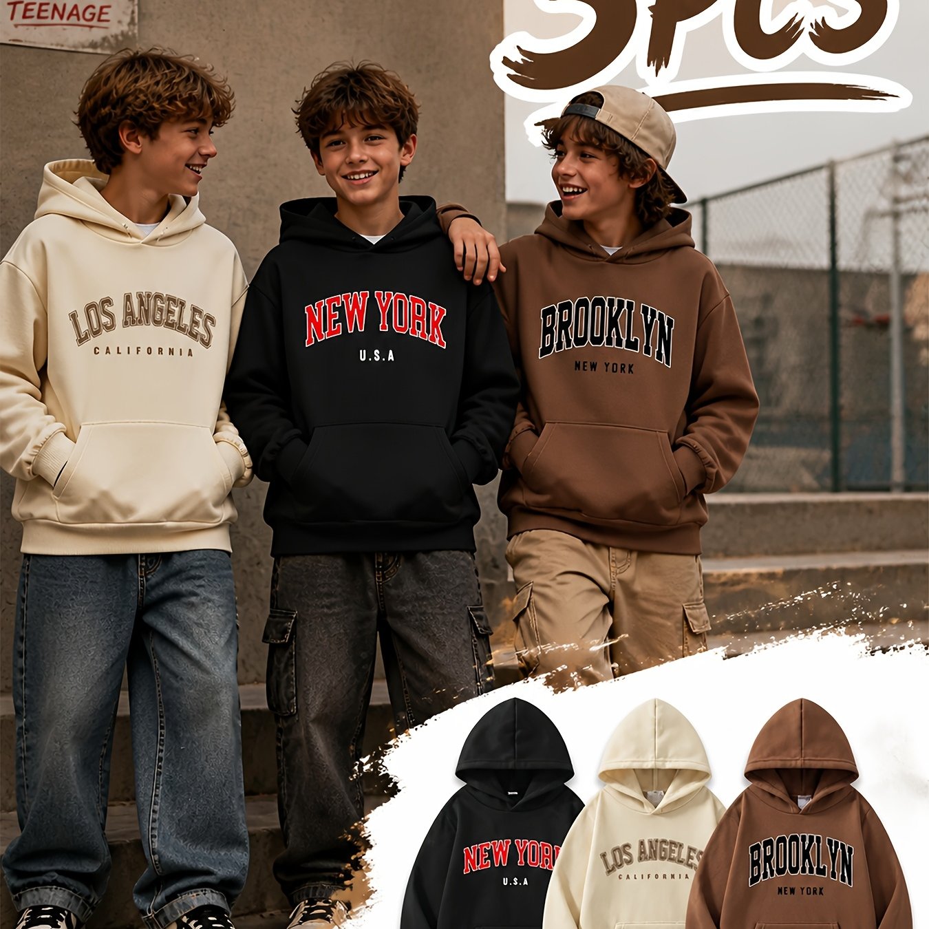 3pcs Boys' Fashion Hoodies, Letter Comfortable Hooded Sweatshirt