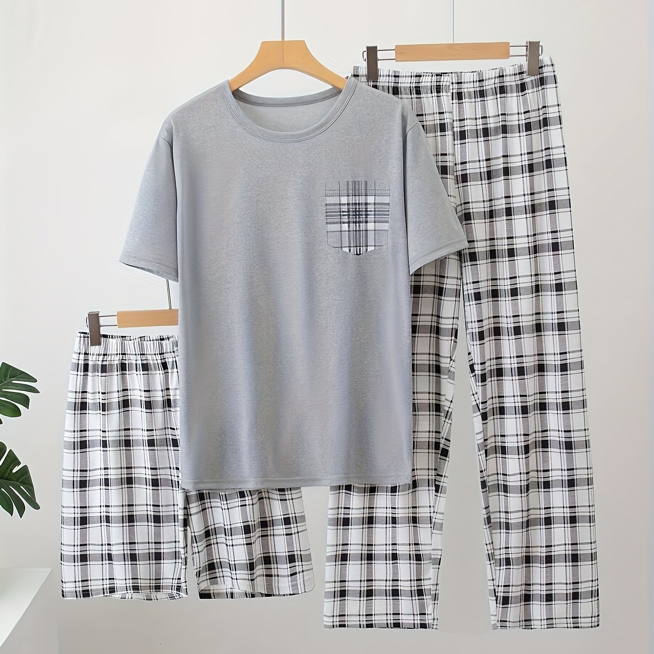 E-shop Leichtes 3-teiliges Schlafanzug-Set für Herren, kurzärmeliges Oberteil + Shorts/Hose optional, kariertes Schlafanzug-Set für Frühling, Sommer