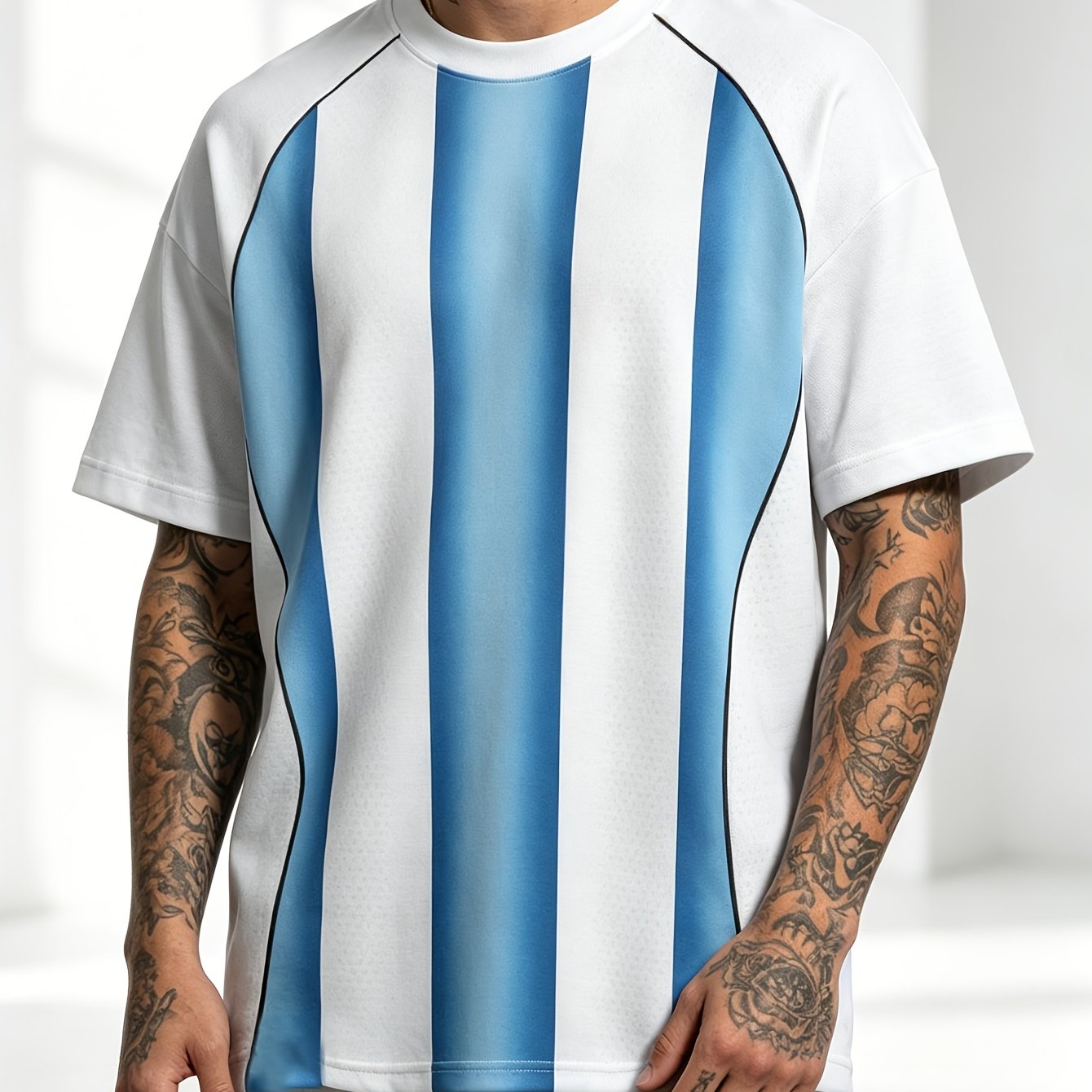TEMU [print Design - Not Textured] 2026 New Plus Size Blue White Contrast Print T-shirt - Argentinian - Breathable Mesh Fabric Short Sleeve - Summer