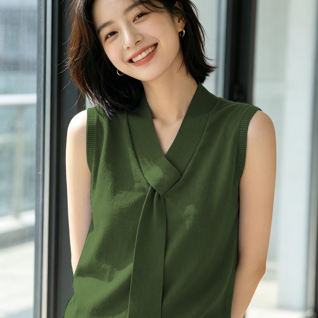TEMU 스웨터 부티크 고급 원단 브이넥 리본 타이 여성용 우아한 패브릭 탱크탑, 폴리에스터 섬유, 피부 친화적이고 통기성 좋은 가정 및 레저용품