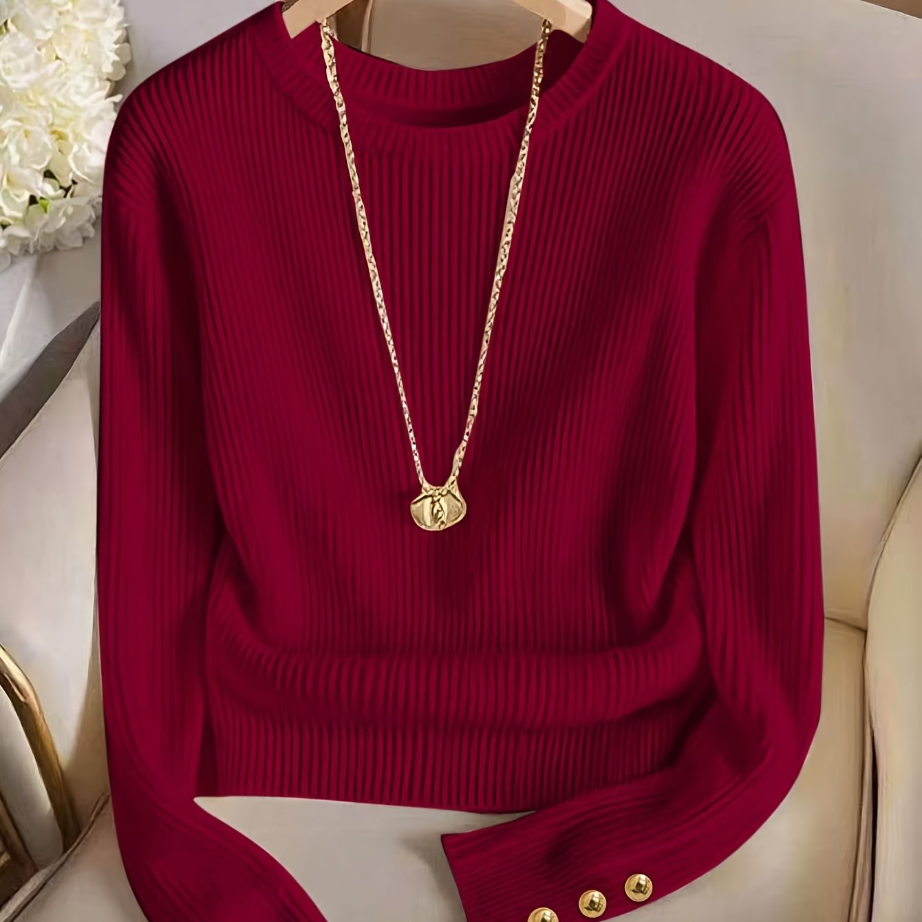 TEMU Women' Color Elegant Round Neck Metal Button Decor Long Sleeve T-shirt, Top, And Delicate, Suitable For Spring And Autumn, Vintage Fashion,