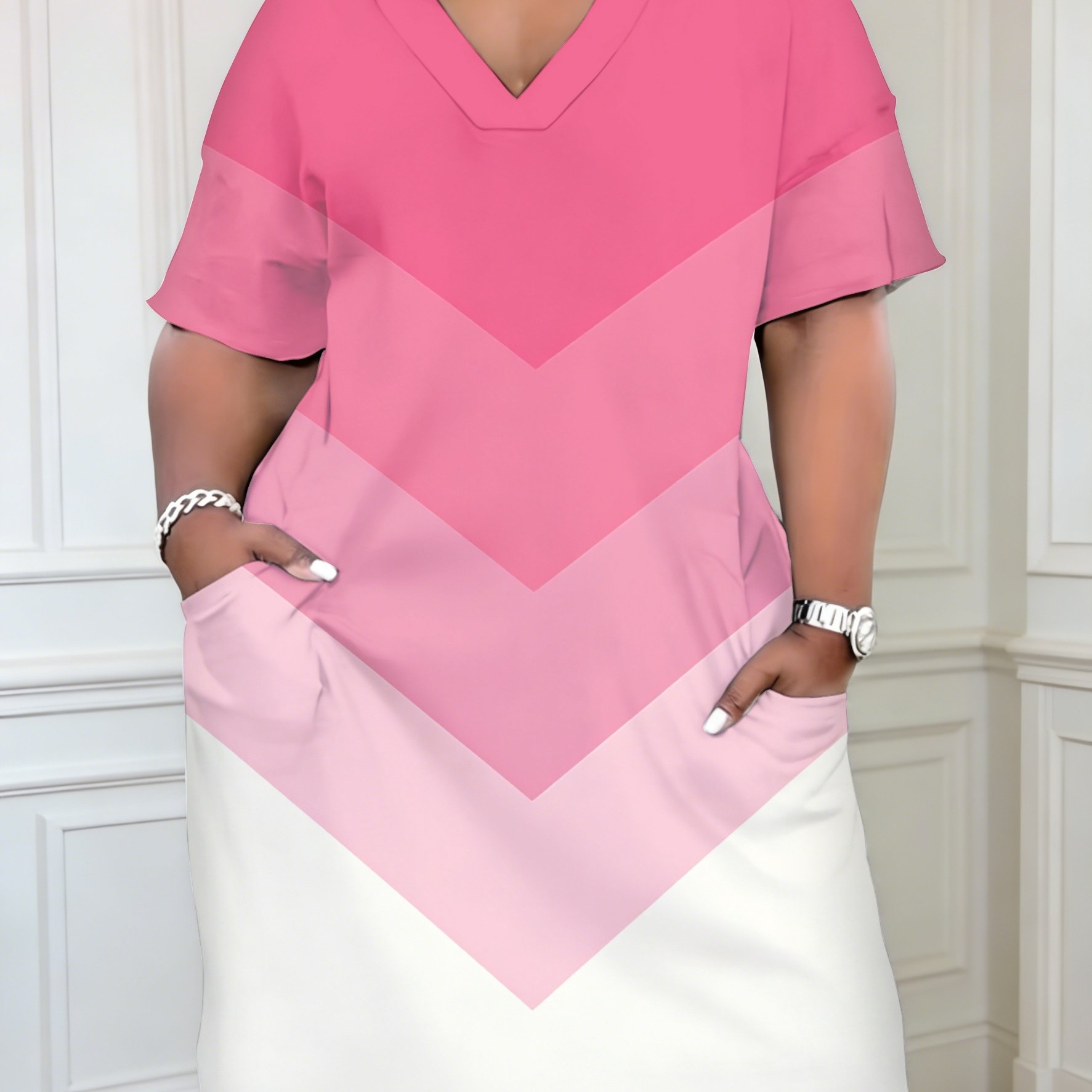 Color Block V Neck Dress With Pockets Geometric Pattern For Women Gift For Her Casual Summer Wear