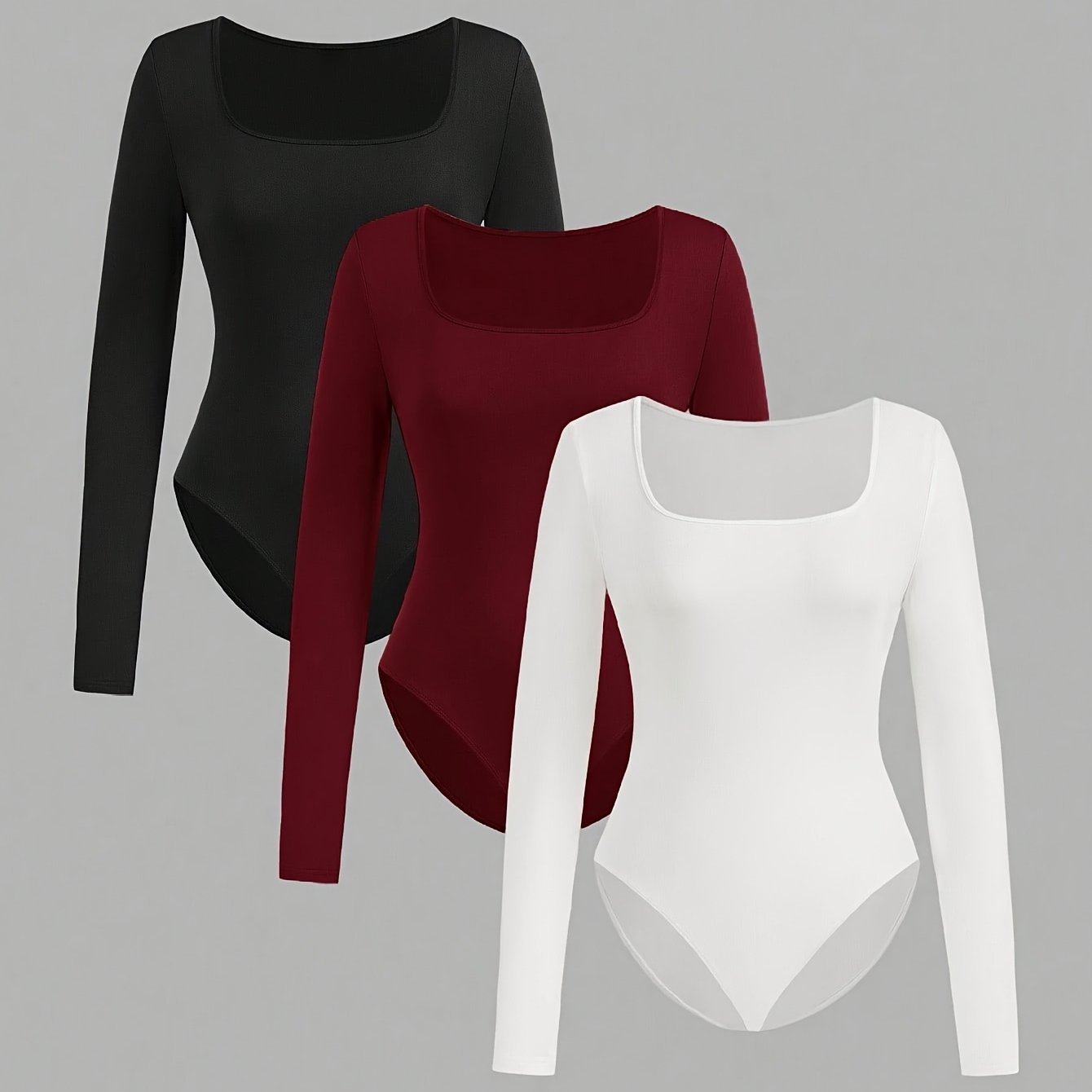 TEMU 3pcs Set Of Square Neck Long Sleeve Body Suits, Women's Casual Athletic One-piece Top For Spring And Autumn