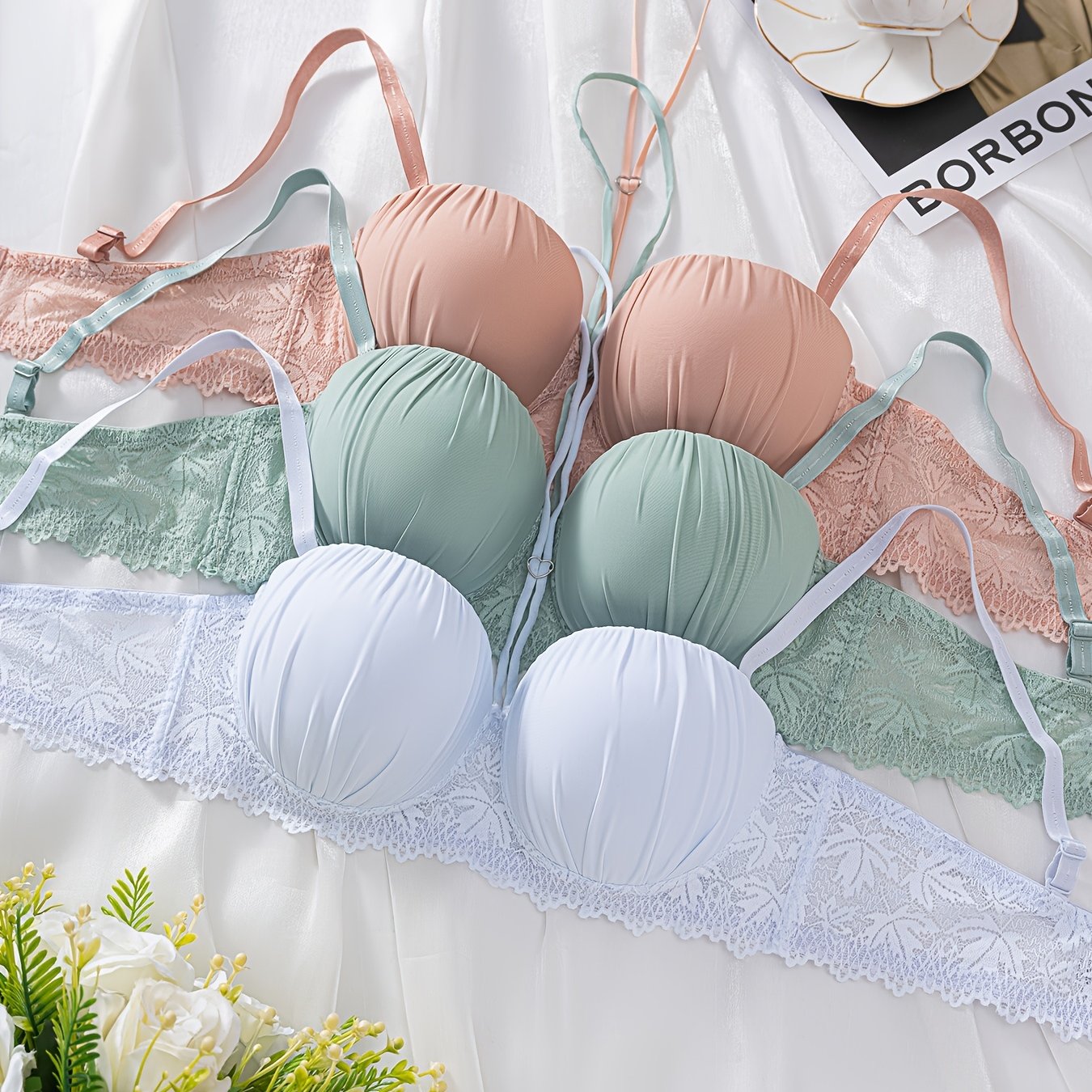E-shop 3er-Set Damen Halterneck-Dessous – Spitzen-BH mit atmungsaktiven , Push-Up -Schlaff-BH