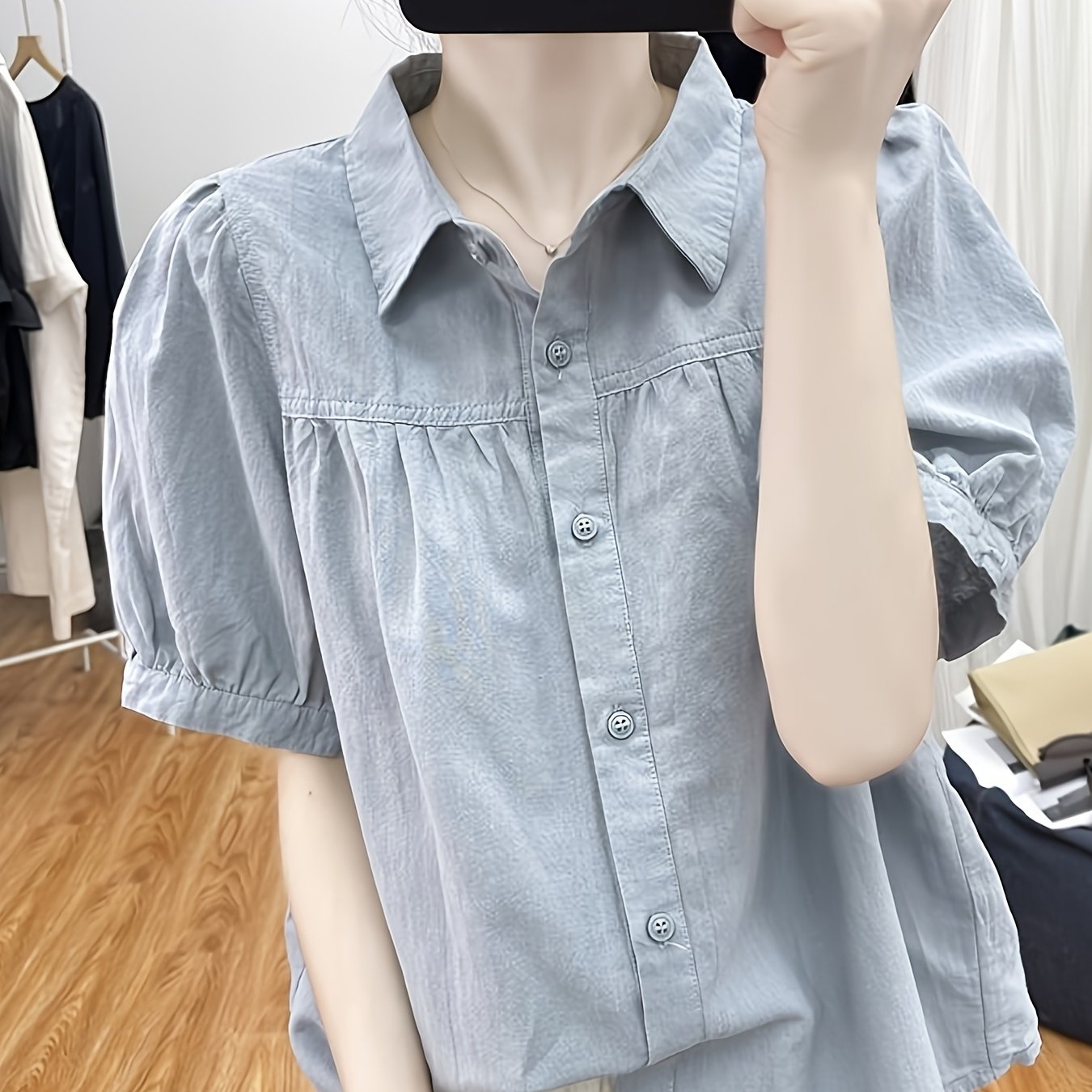 TEMU 【商品名】ランタンスリーブの半袖シャツ。通勤に最適な、多用途なポロカラーのトップス。新作レディースシャツ