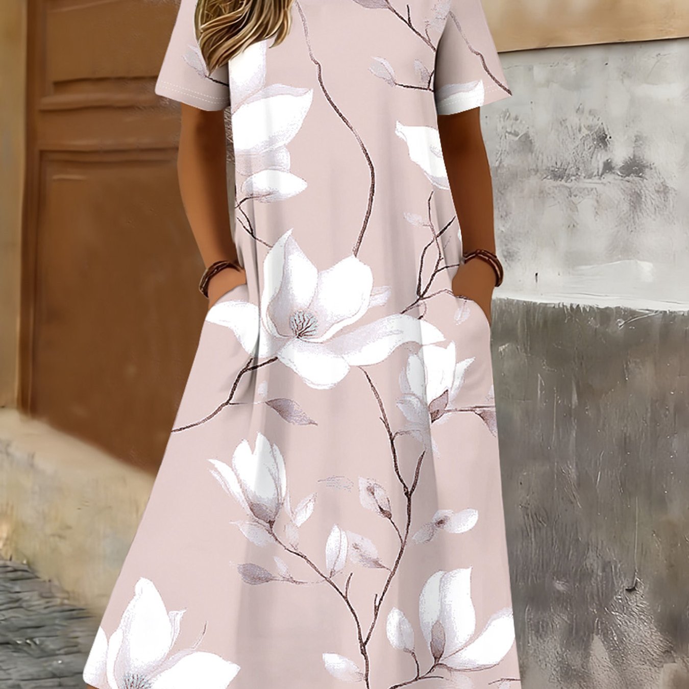 TEMU Plus Size, Fashion Long, Round Neck, Short Sleeve, Elegant Plus-size Dress