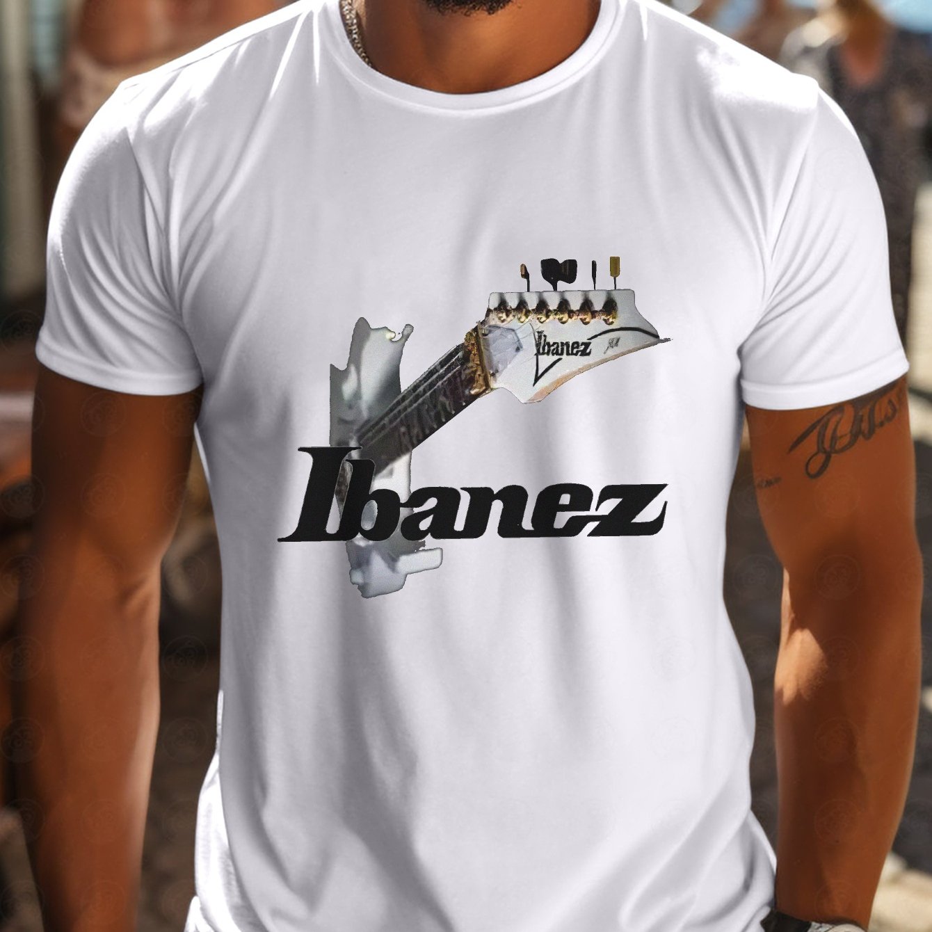 TEMU Ibanez Guitar Print Men's T-shirt - Casual Short Sleeve, Breathable Polyester, Summer Tee For Outdoor Activities