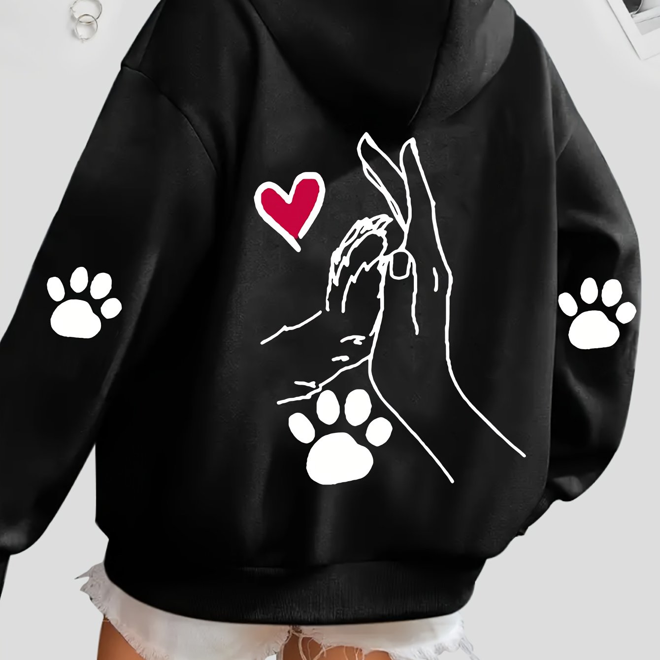 Dog & Heart & Paw Print Hoodie - A Stylish Hoodie With Drawstrings, Perfect For Casual Wear In Winter And Autumn, Made From Soft, Comfortable Fabric For Women