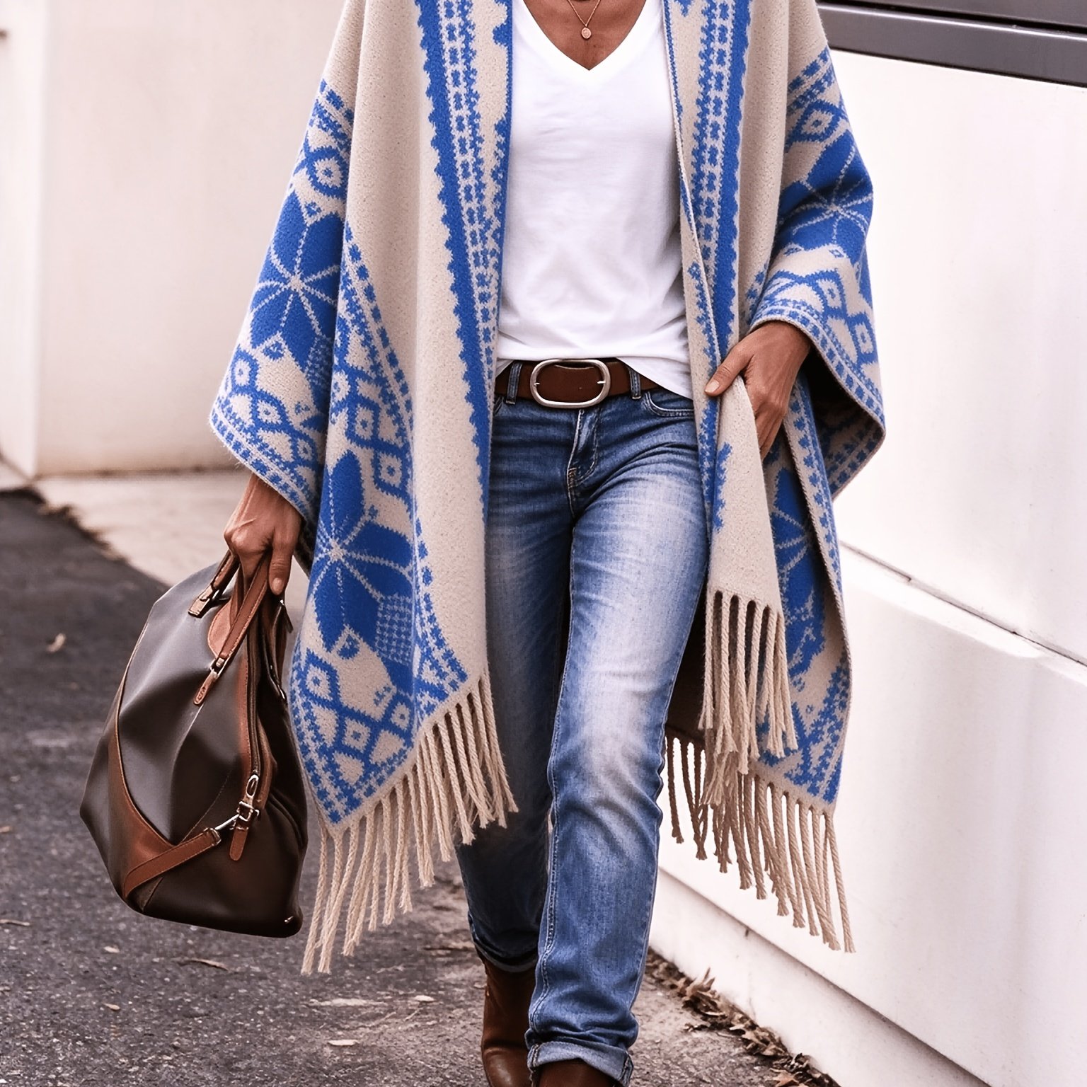 TEMU Grande Taille - Robe Enveloppante Jacquard Géométrique à Franges, Style Éthnique, Fleur de Neige Bleu , Écharpe Chaude pour Femmes, Vêtement