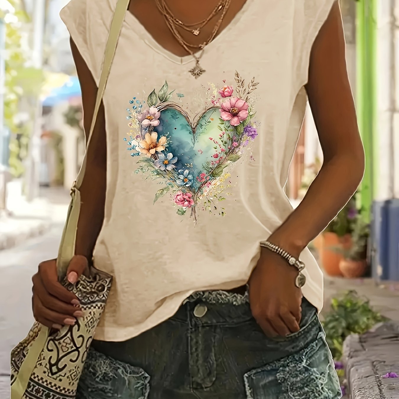 2024 Spring/summer Print Loose V-neck Short Sleeve T-shirt