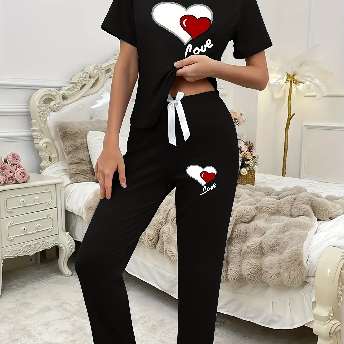 Casual Leisure Suit, Women' Love Print Short Sleeve Round Neck T-shirt And Pants Pajama Two-piece Set Casual Comfortable Clothes