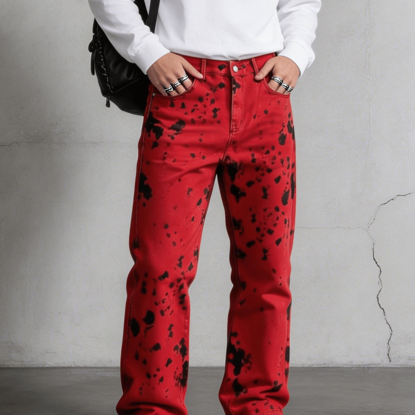 Vintage Red Base With Ink Dots Printed Denim Long Pants. Men's Contrasting Spot Graffiti Slim Straight Trendy Pants. Strong Visual Contrast Effect, Small--catching And Not Prone To Being Style