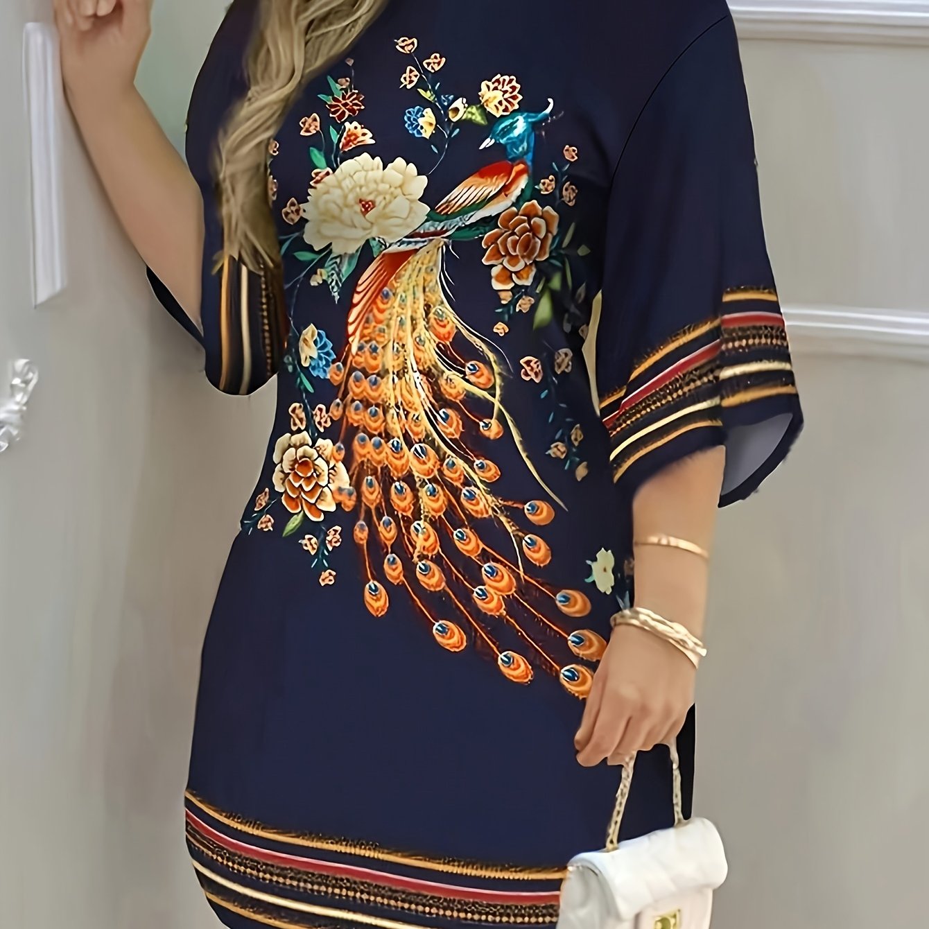 TEMU New Dress, Back Collar Button, Peacock And Floral Pattern, Placement Print Craft, Loose Fit, Soft And Comfortable Fabric, Easy To Care And Wash,