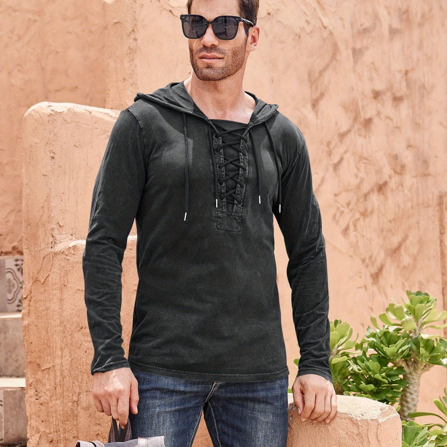 Image of Mens Distressed Tactical Hoodies Sweatshirts Lace Up Hooded Pullover Outdoor Sports Long/ Short Sleeve Shirts