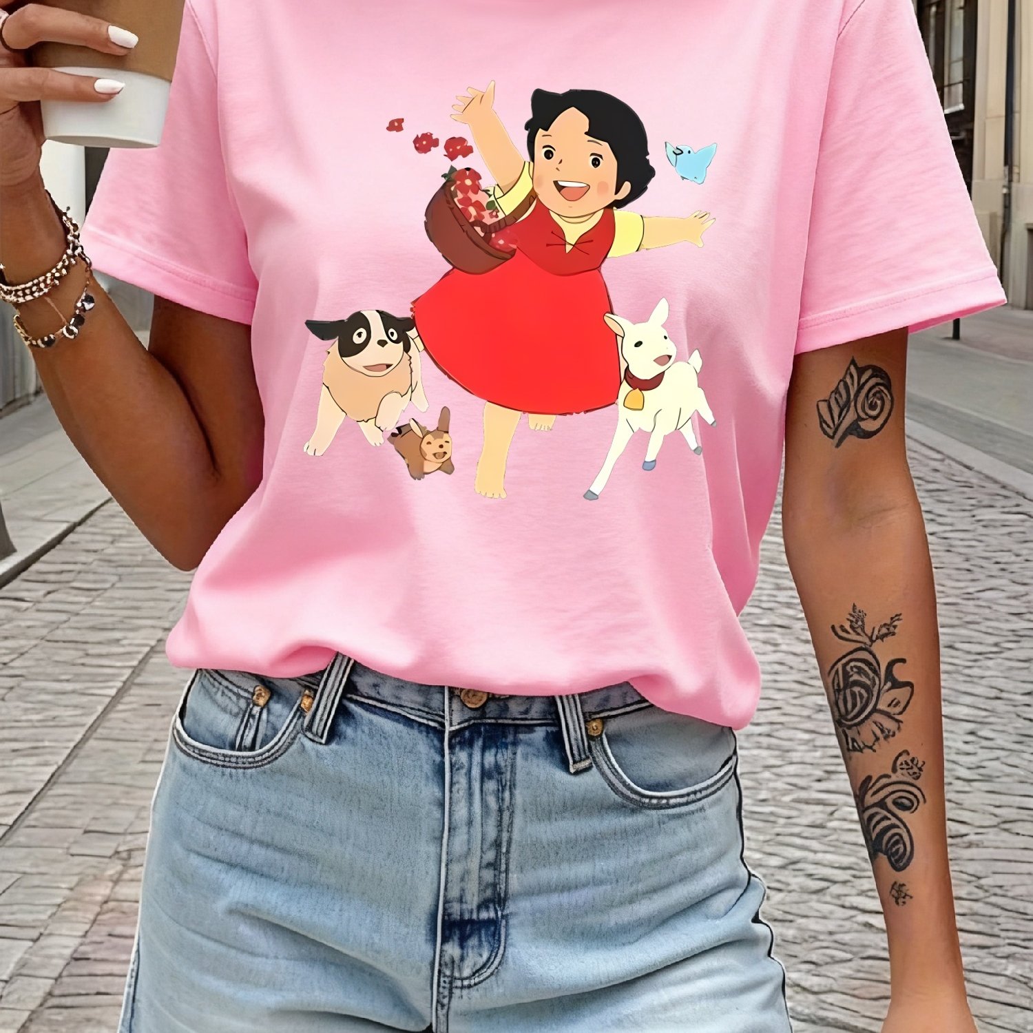 TEMU Camiseta deportiva de manga corta para mujer - Diseño estampado de animales bonitos y felices recogiendo, lavable a máquina, cómoda camiseta de