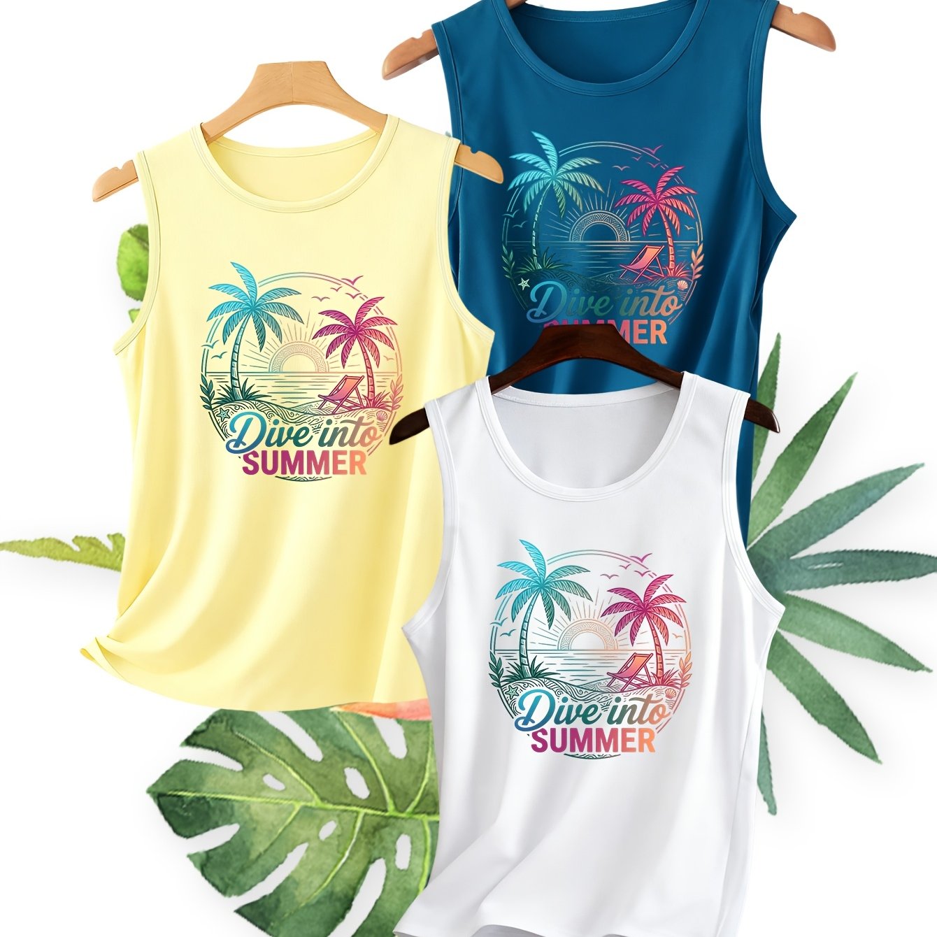 TEMU 3pcs Set, , Women's Round Neck Vest, Beach Coconut Print, Spring/ Casual Sleeveless Top