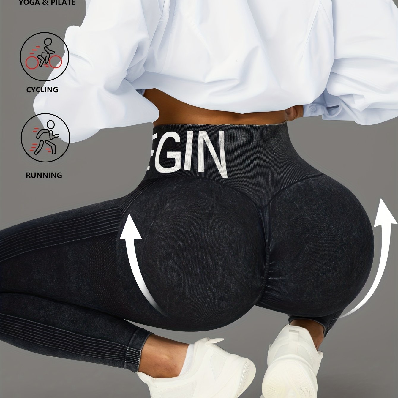 Women's High-waisted Stretchy Yoga Leggings - Tummy Control And Lifting, Vintage Washed Gray, Seamless Design For Daily Wear And Fitness Activities