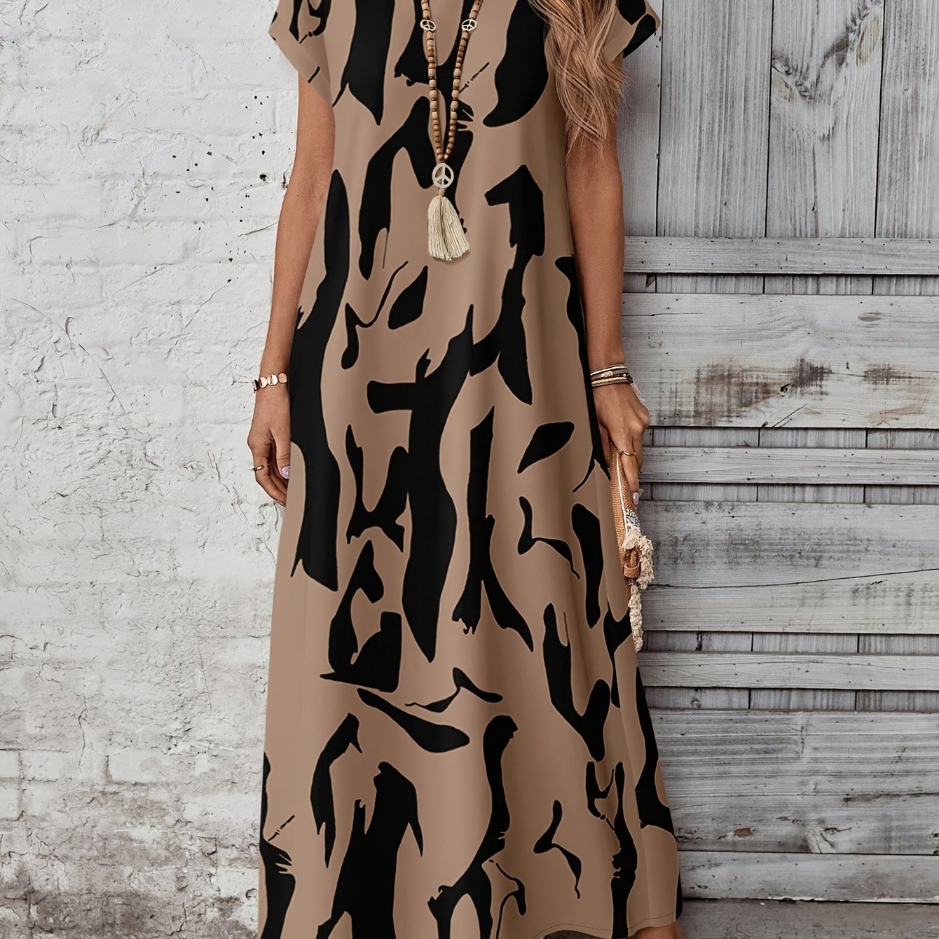 TEMU Plus Size, European And /autumn Plus Size New Style Random Print Random Cut Elegant Casual Versatile Maxi Dress