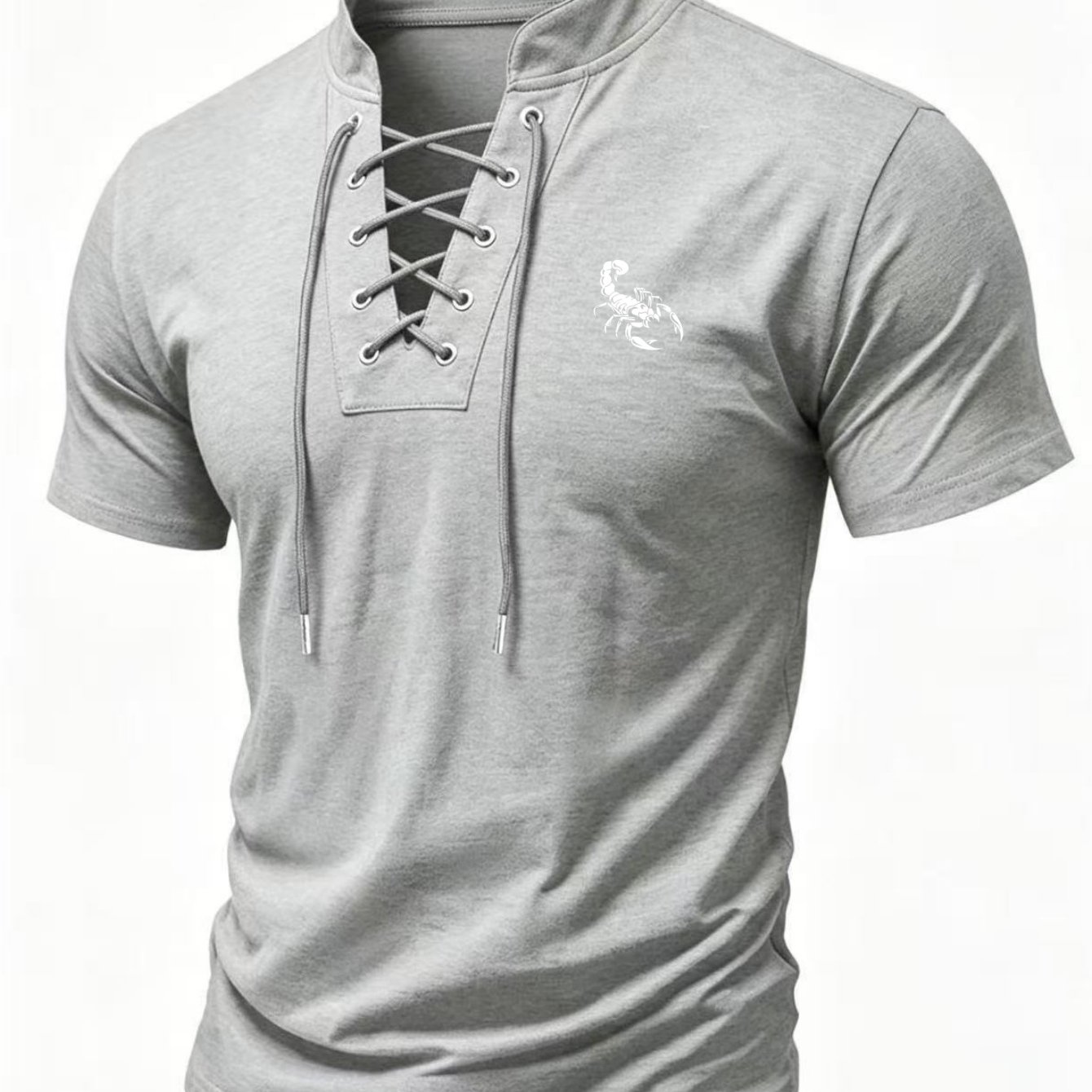TEMU 2026 's Short-sleeve T-shirt, Men's Lace-up Stand Collar Short-sleeve Tee, Suitable For , Slim-fit Casual Top With Unique Lace-, Pattern Print