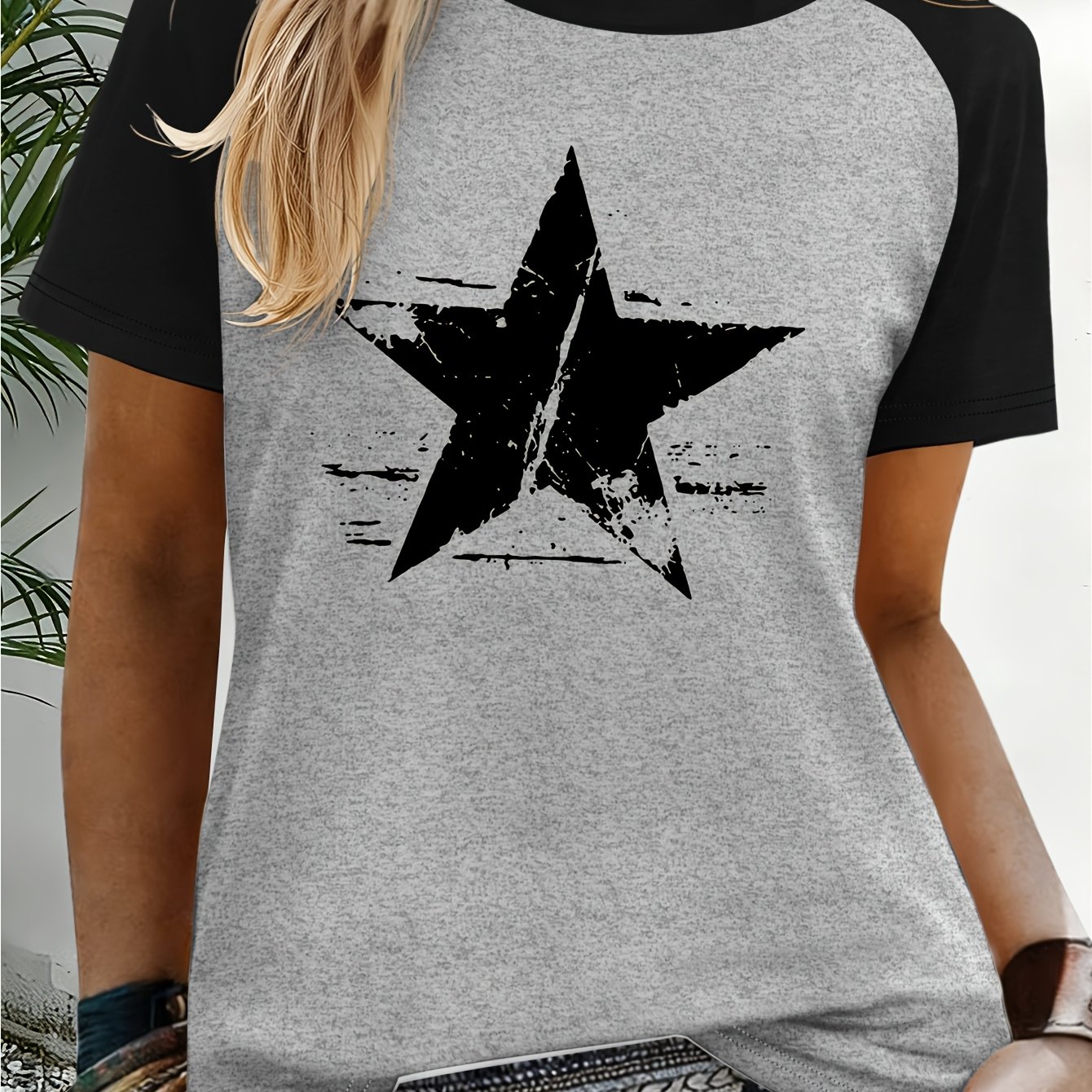 TEMU Women's Raglan Short-sleeve T-shirt - Star-themed Applique Design, Medium Stretch Casual Blouse Top With Star Patterns, Machine Washable Spring