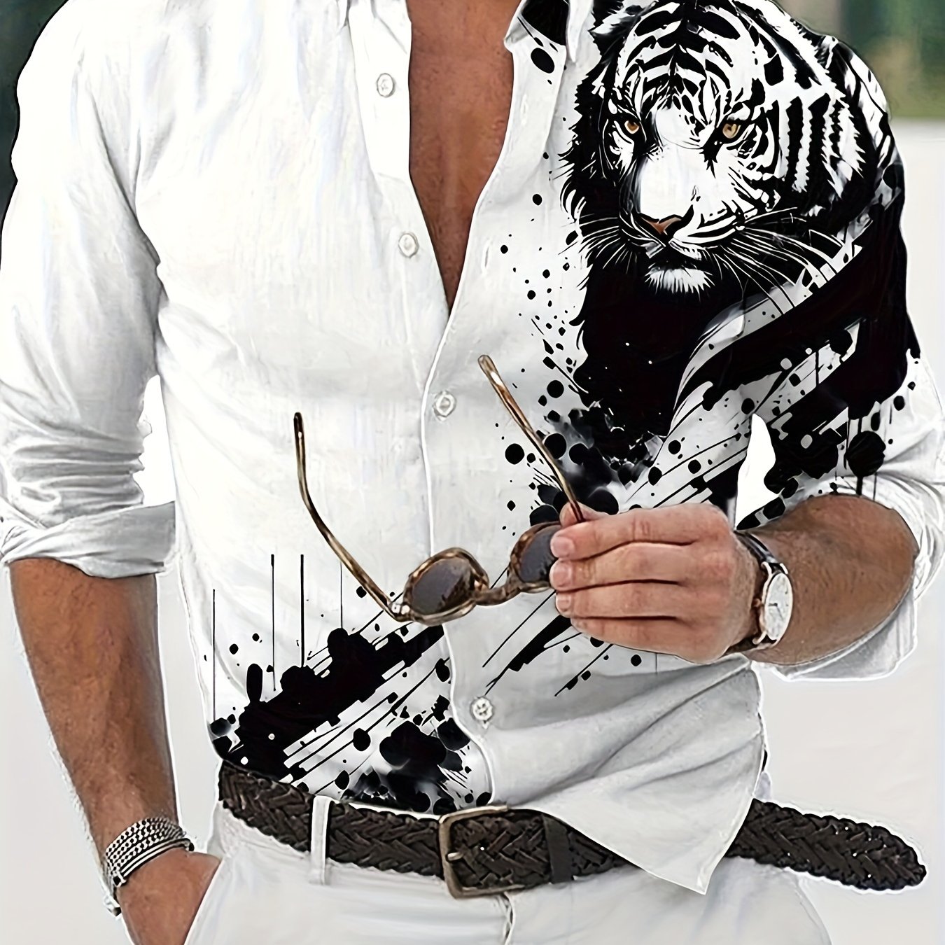 Men's Fashion Clothing 3d Digital Printed Tiger Pattern Long Sleeve Shirt Button Down Lapel Top