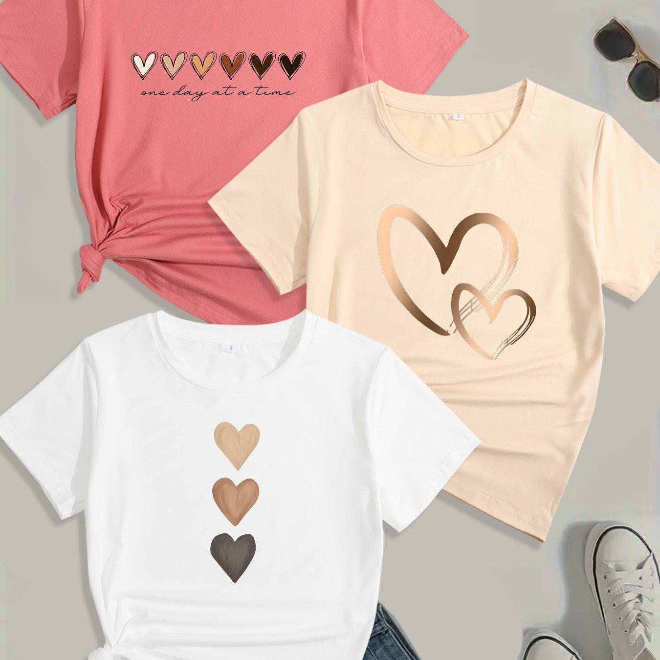 TEMU Graphic Print 3pcs T-shirt, Short Sleeve Crew Neck Casual Top For Summer And Spring, Women's Clothing