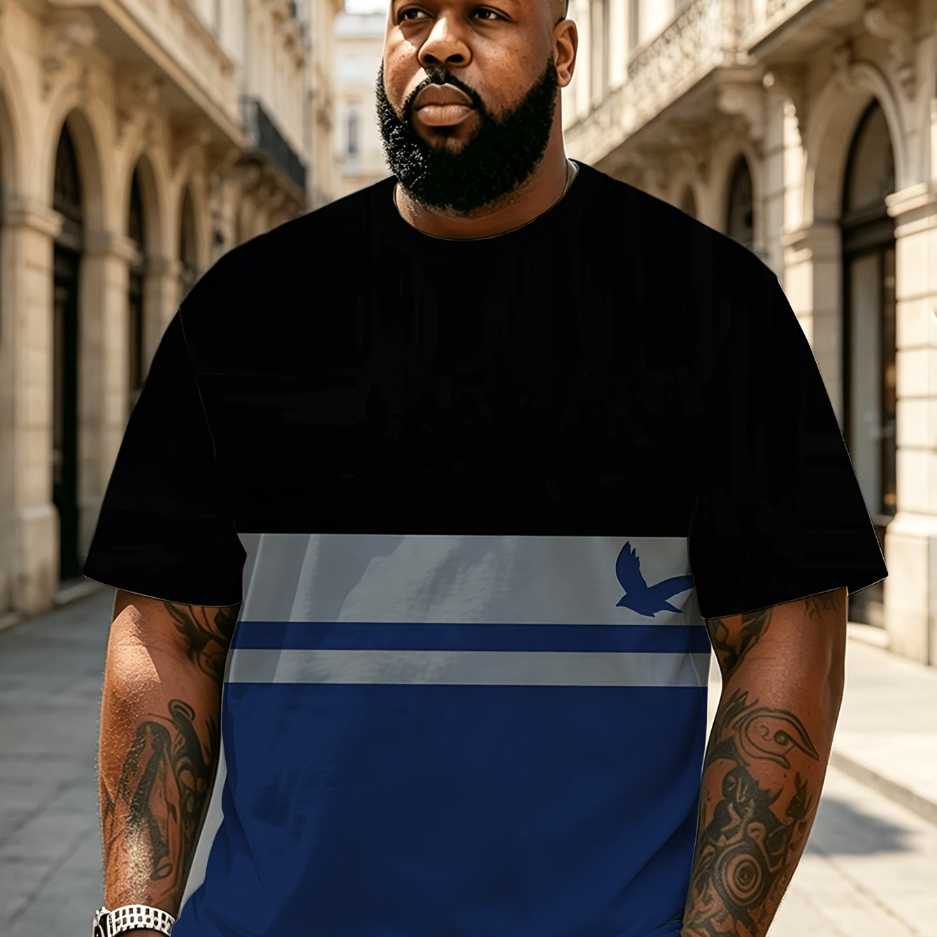 TEMU 2026 Plus Size 's Fashion Retro Print T-shirt, Machine Washable Stretch Large Size Men's Tee, Blue Black Gray Striped Seagull Pattern Summer