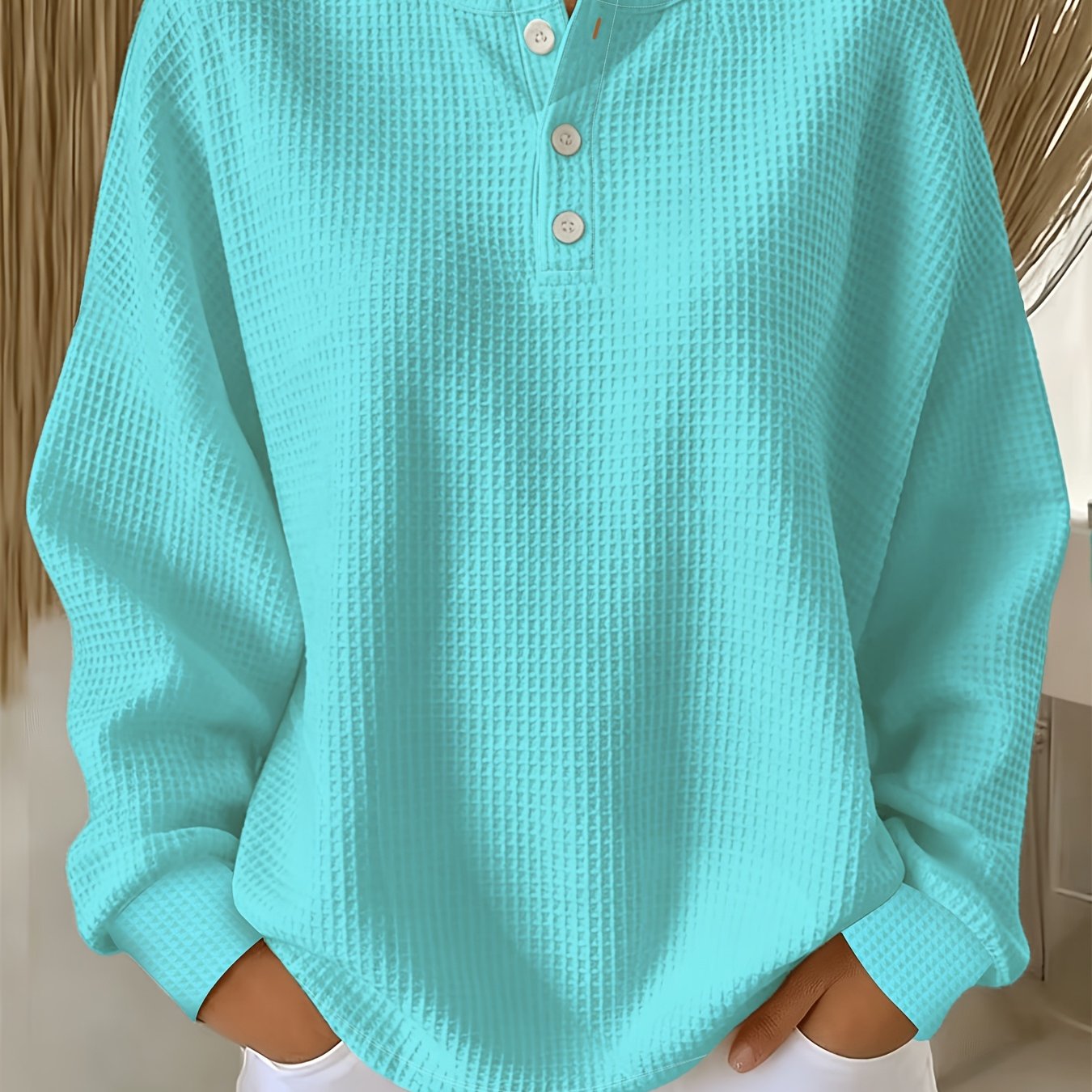 TEMU Plus Size, Plus-size Women's Clothing, Simple, Refreshing, And , With -blue-white Polka Dot Color-block Pattern, Waffle Sweatshirt