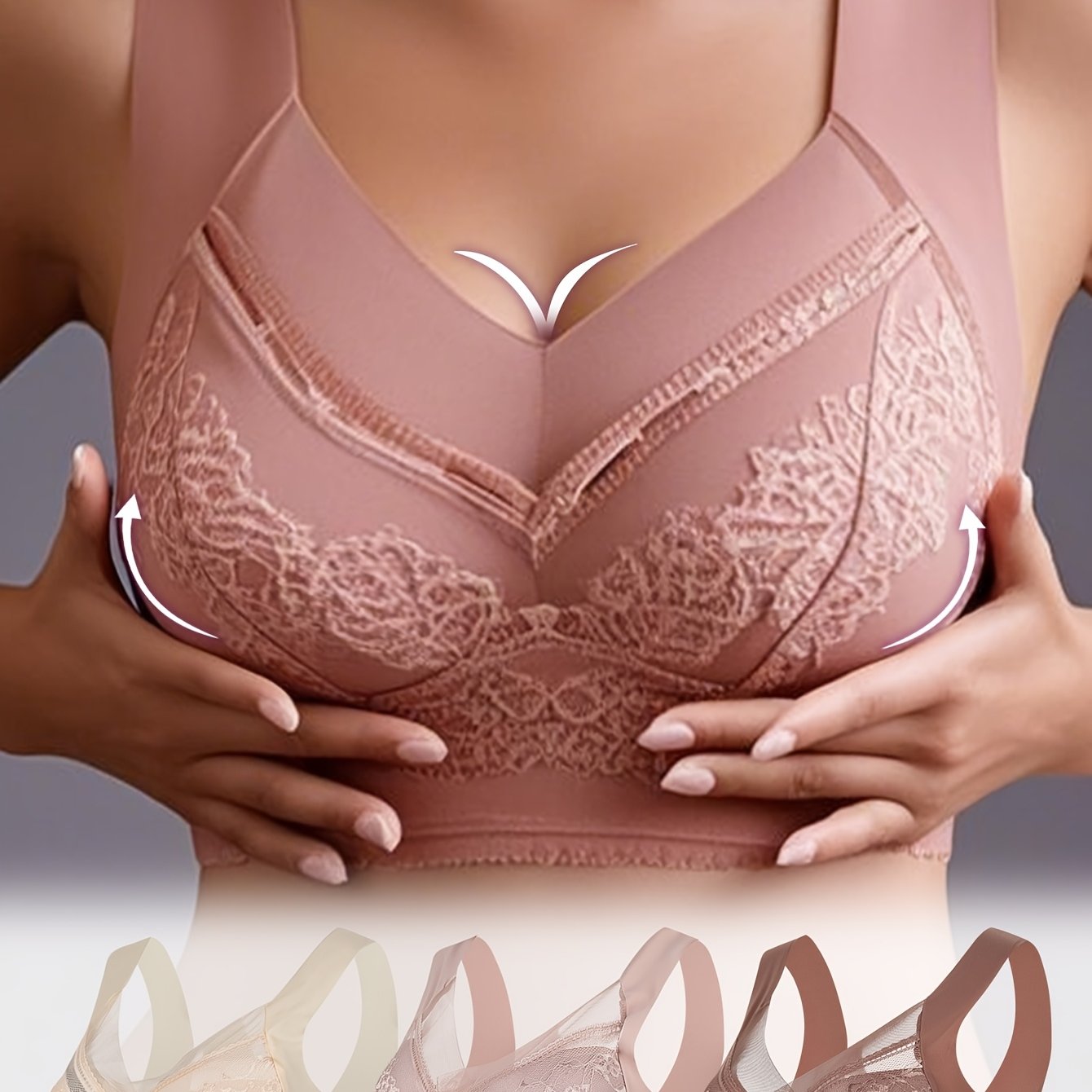 Image of Set Of 3 Women's V-neck Stylish Lace Lingerie - Solid Color, Mesh, Breathable, Yoga, Sports, Full Coverage, Elegant, High Elasticity, Wire-free, Floral Lace