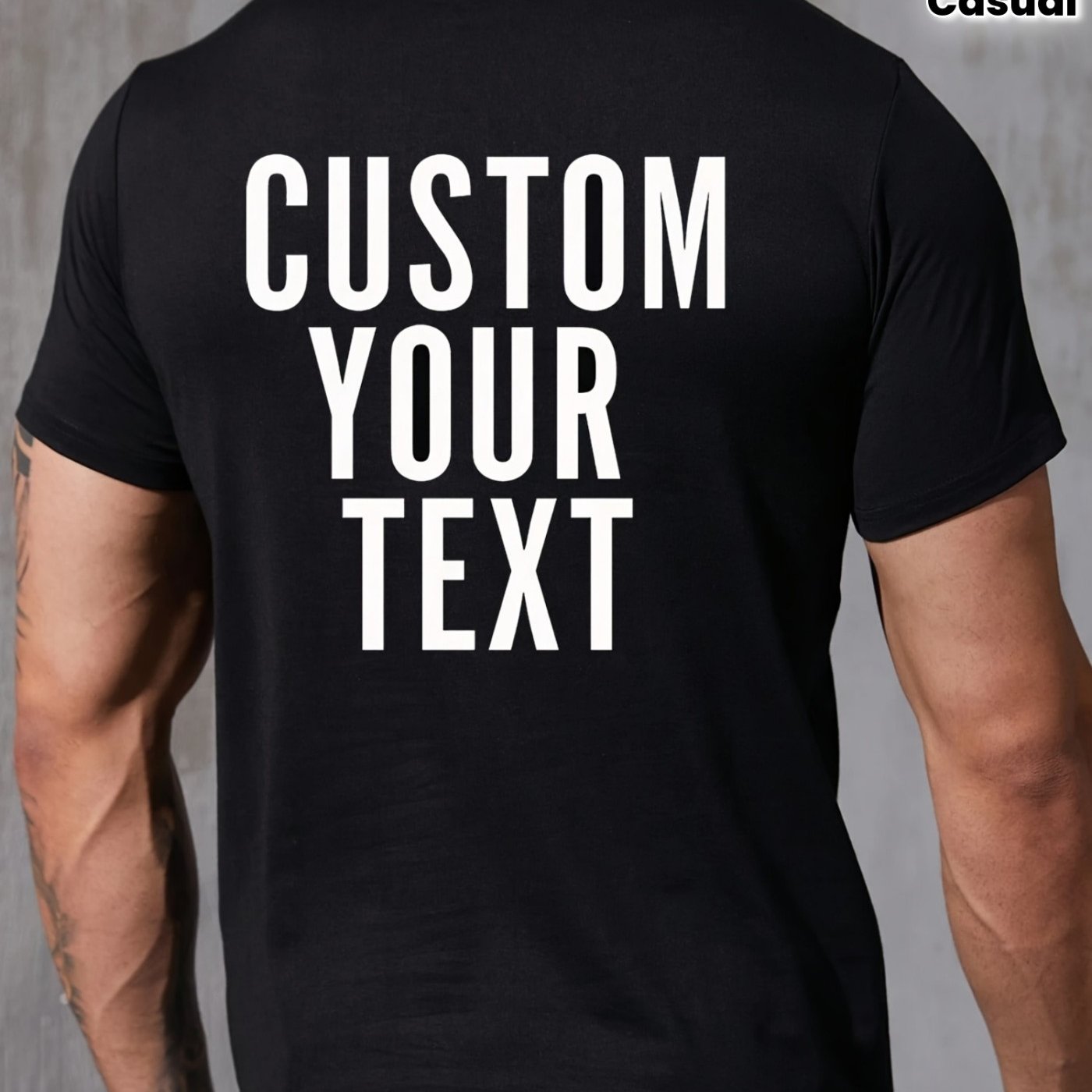TEMU Custom T-shirts, Black, Back, White Text, Text Content Is "custom Your Text", Model Wearing Denim, Model Has Tattoos On . Suitable For Men,