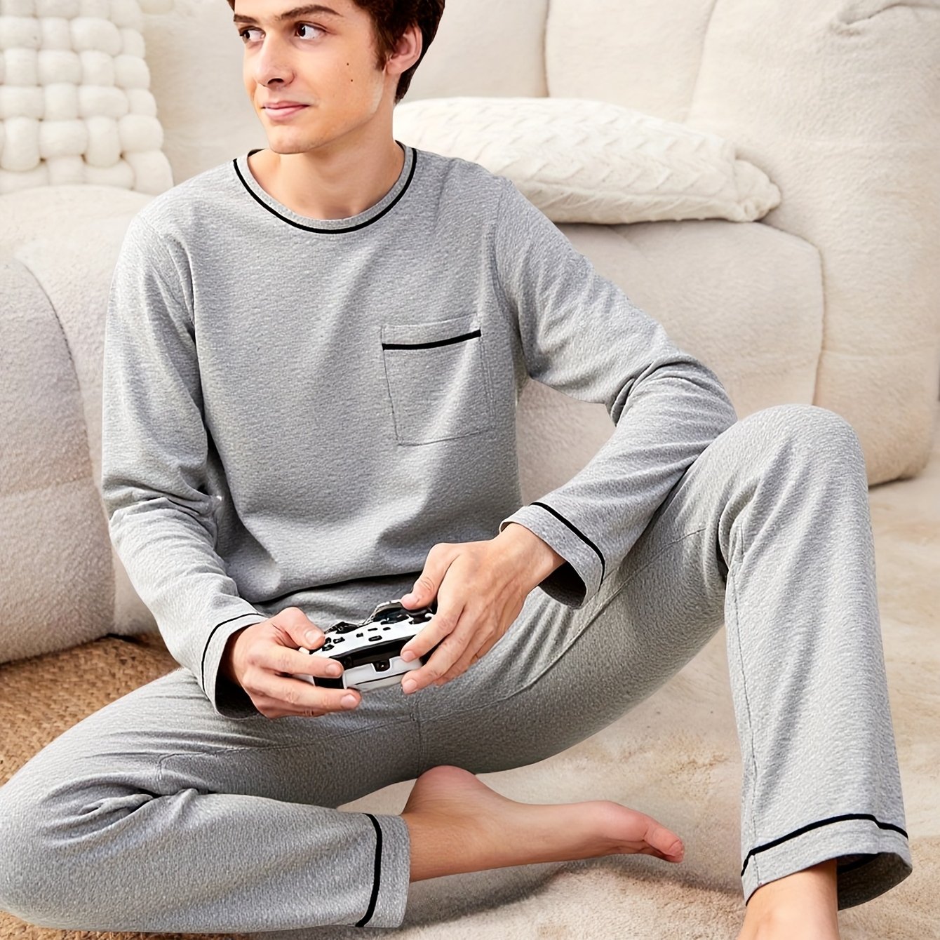 TEMU Back-to-: New 2026 Spring/autumn Loose--size Solid Color Korean-style Crew Neck Long-sleeve And Long Pants Simple Casual Pajama Set For Male