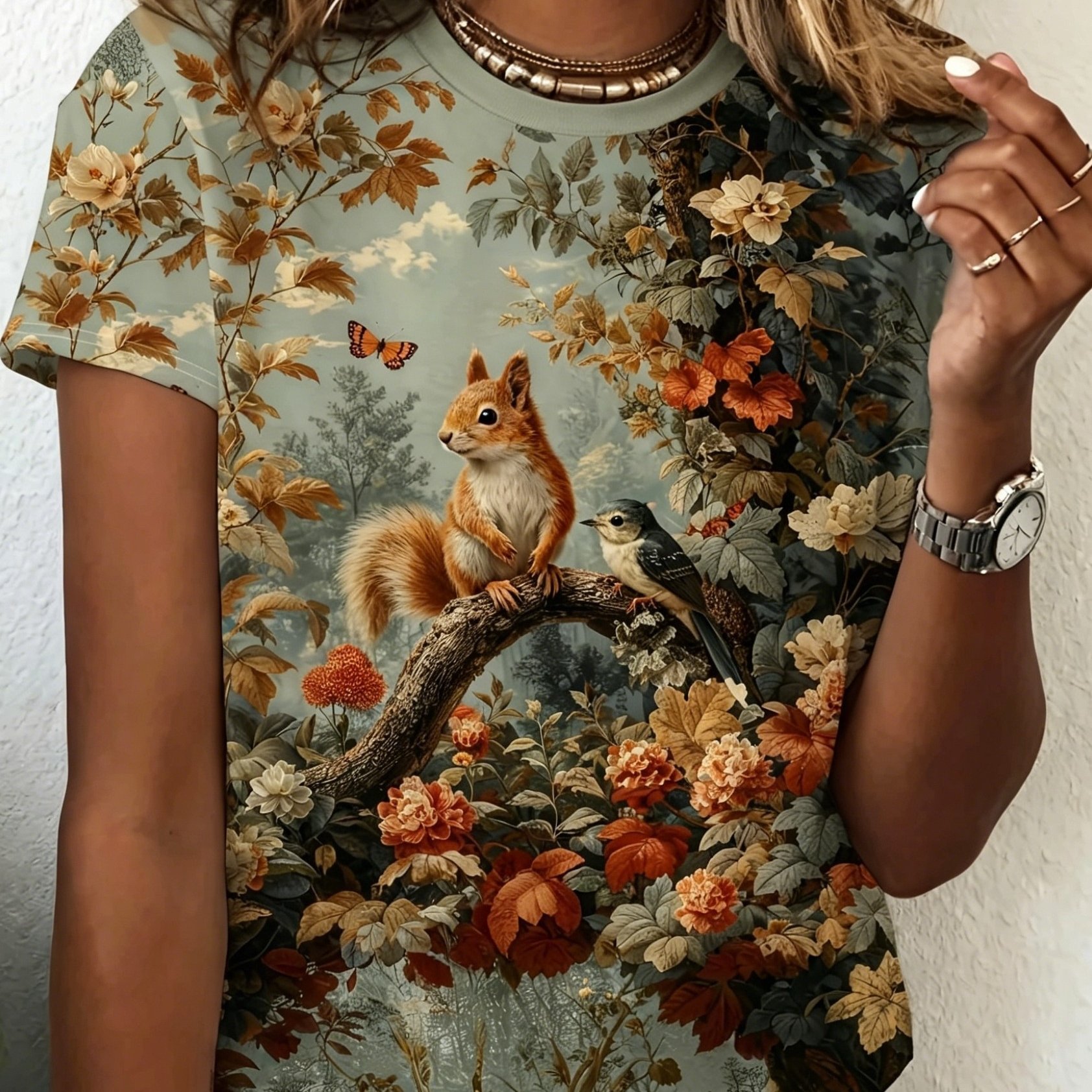 TEMU Retro Oil Painting Style Squirrel Floral And Bird Print Round Neck Short Sleeve T-shirt Women's Fresh Casual Versatile Ladies Top, Niche