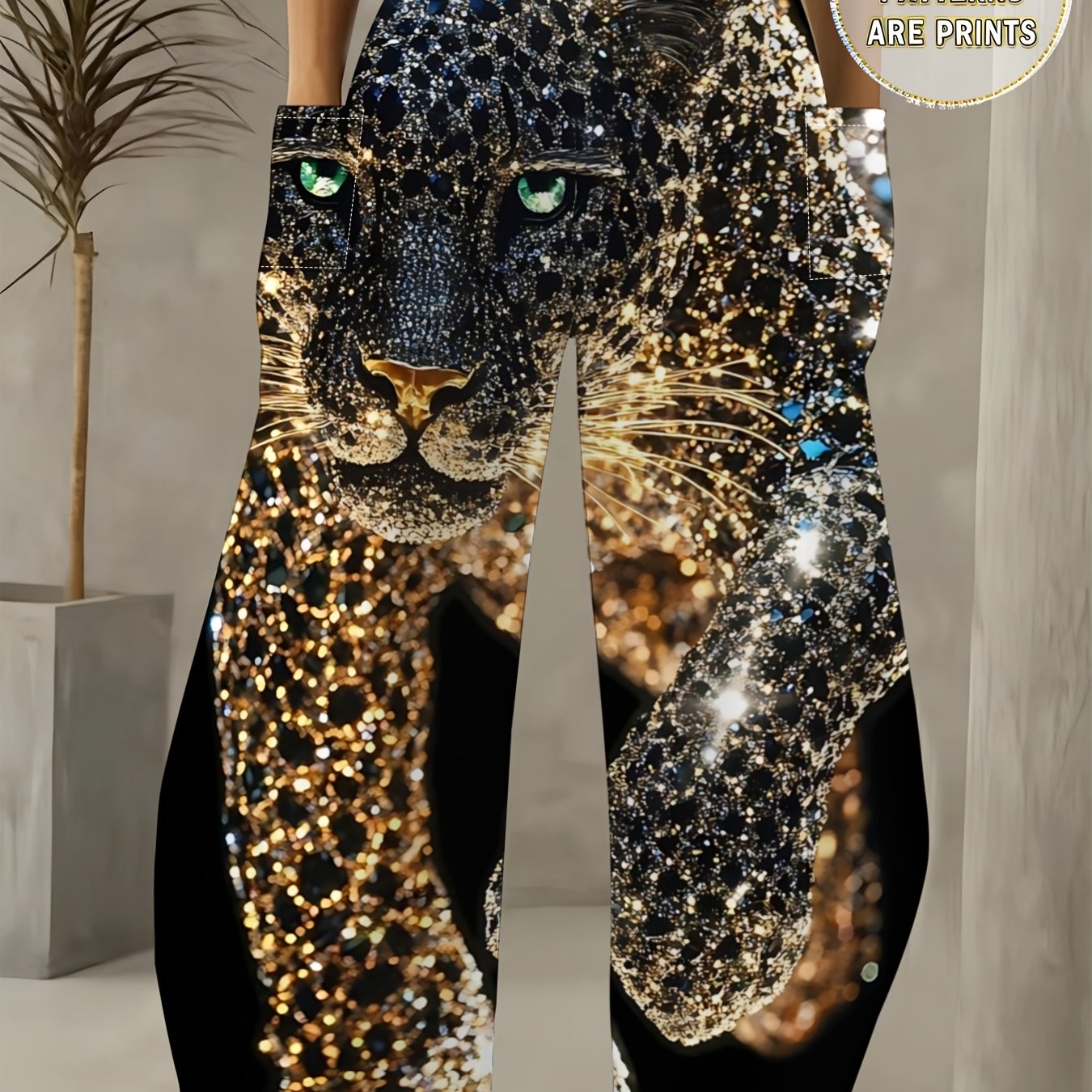 TEMU Los pantalones de pierna ancha de lujo 'Leopardo Dorado' presentan una base negra con diamantes brillantes y una de leopardo dorado. La calidad