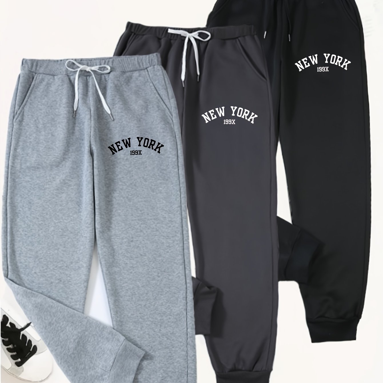TEMU 3-pack Women's Elastic Waist Jogger Sweatpants - 100% Polyester, , Slightly Elastic Waistband, Letter Print - Machine Washable Casual & Athletic