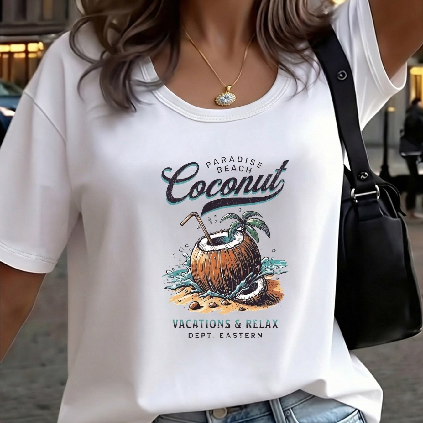 TEMU Vacation Featuring A Unique Print For Casual Daily Wear, This Stylish Round-neck Short-sleeve T-shirt Is A Trendy And Comfortable Top For Women